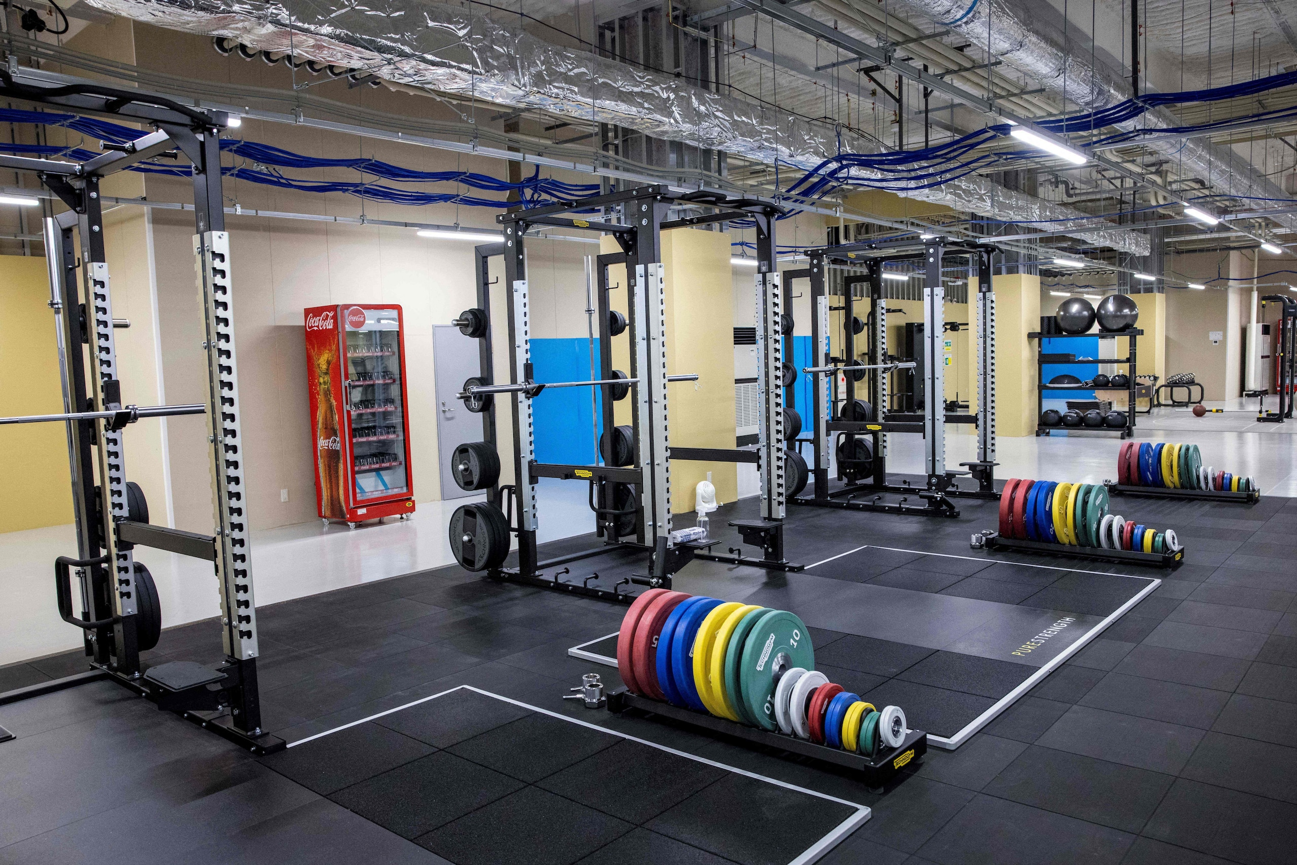 Weightlifting equipment is seen at the fitness centre during a media tour of the Tokyo 2020 Olympic and Paralympic Village in Tokyo on June 20, 2021. (Photo by Behrouz MEHRI / AFP) (Photo by BEHROUZ MEHRI/AFP via Getty Images)