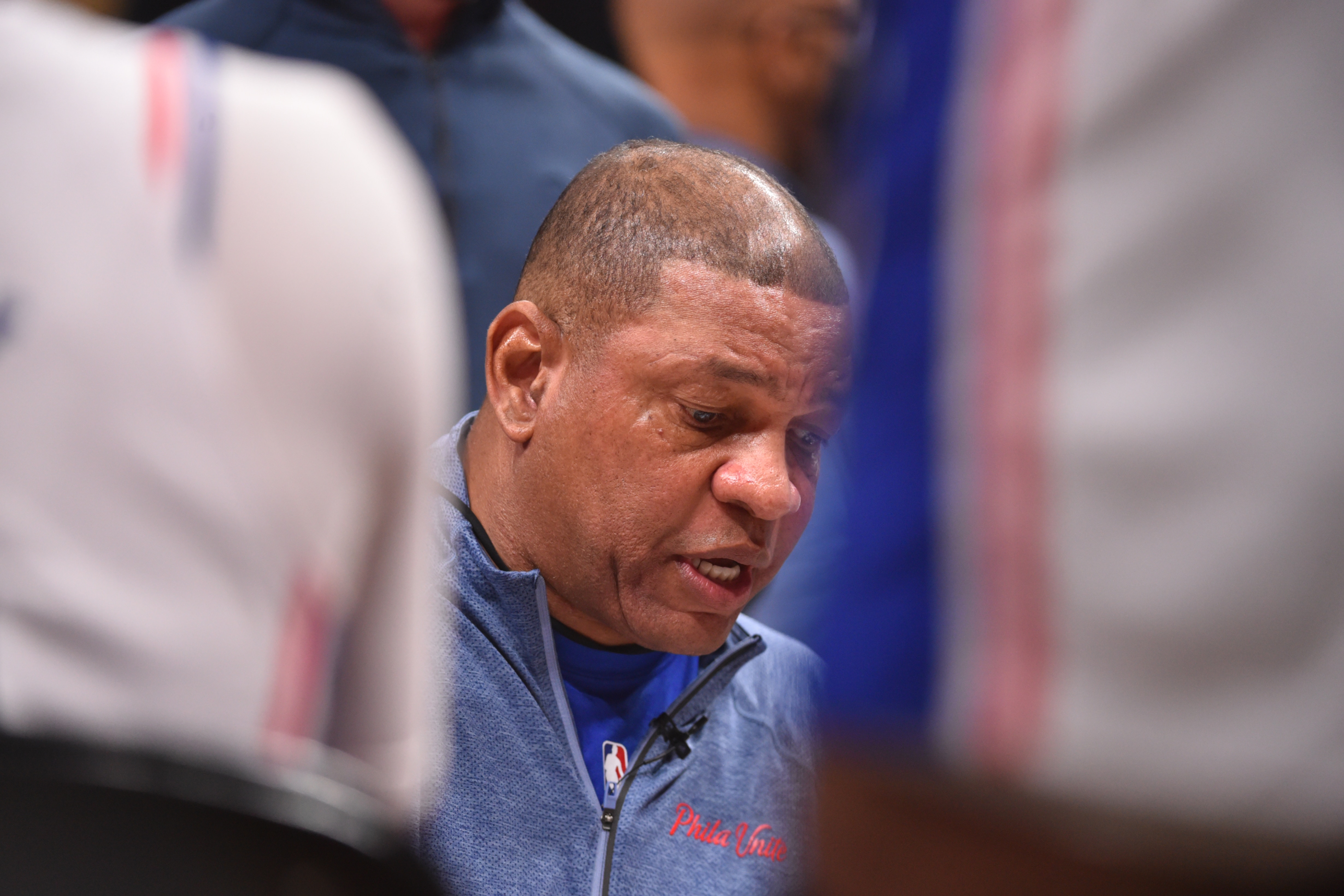 ATLANTA, GA - JUNE 18: Head Doc Rivers of the Philadelphia 76ers talks to his team during a huddle during Round 2, Game 6 of the Eastern Conference Playoffs on June 18, 2021 at State Farm Arena in Atlanta, Georgia. NOTE TO USER: User expressly acknowledges and agrees that, by downloading and/or using this Photograph, user is consenting to the terms and conditions of the Getty Images License Agreement. Mandatory Copyright Notice: Copyright 2021 NBAE (Photo by Jesse D. Garrabrant/NBAE via Getty Images)