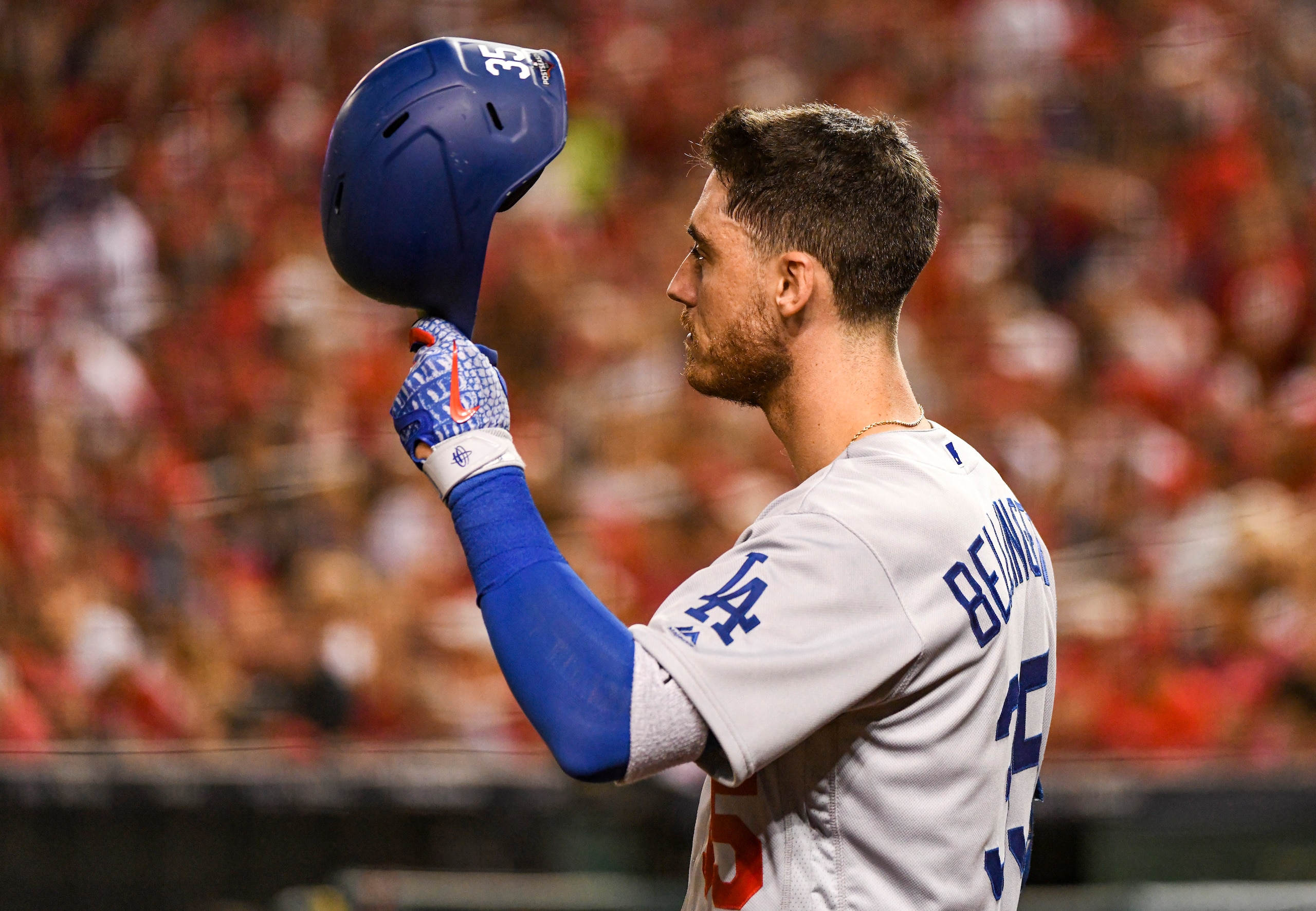 WASHINGTON, DC - OCTOBER 06:  Los Angeles Dodgers center fielder Cody Bellinger (35) takes off his batting helmet during Game three of the National League Division Series against the Washington Nationals on October 6, 2019, at Nationals Park, in Washington D.C.  (Photo by Mark Goldman/Icon Sportswire via Getty Images)