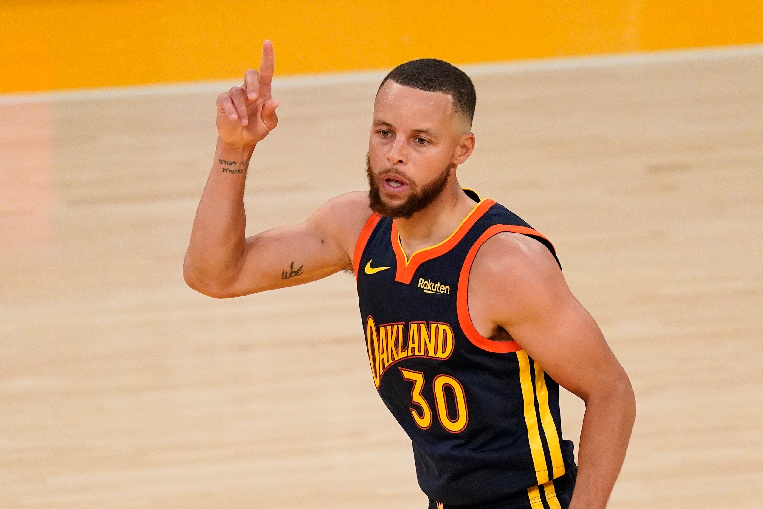 Golden State Warriors guard Stephen Curry gestures after scoring during the second half of an NBA basketball Western Conference Play-In game against the Los Angeles Lakers Wednesday, May 19, 2021, in Los Angeles. The Lakers won 103-100. (AP Photo/Mark J. Terrill) Golden State Warriors guard Stephen Curry gestures after scoring during the second half of an NBA basketball Western Conference Play-In game against the Los Angeles Lakers Wednesday, May 19, 2021, in Los Angeles. The Lakers won 103-100. (AP Photo/Mark J. Terrill)