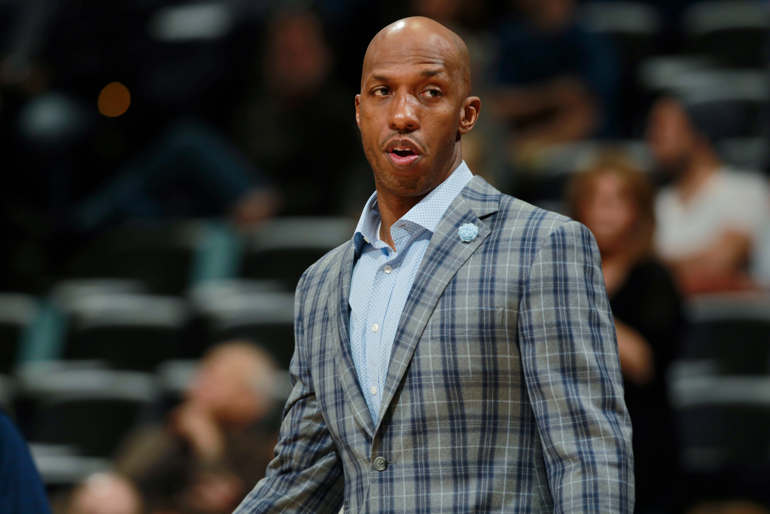 This March 19, 2014 photo shows Detroit Pistons guard Chauncey Billups looking on from bench against the Denver Nuggets in the first quarter of an NBA basketball game in Denver. The Detroit Pistons announced, Monday, June 30, 2014, they won't pick up the team option on Billups’ contract for the 2014-15 season. (AP Photo/David Zalubowski)