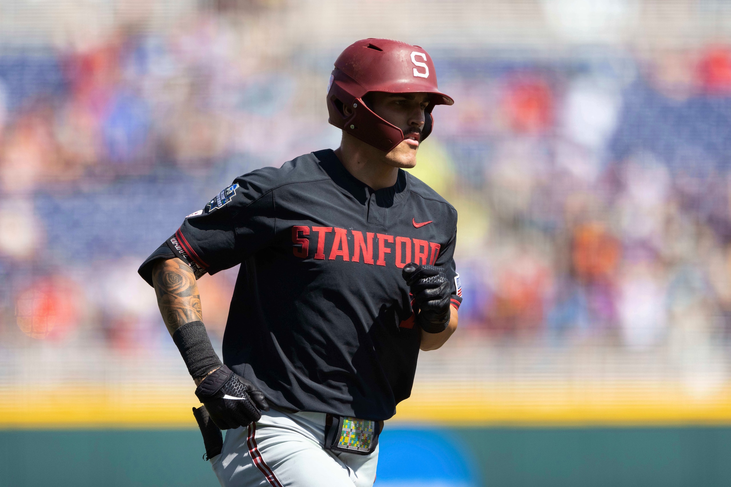 Stanford's Brock Jones rounds the bases after hitting a three-run home run against Arizona in the seventh inning of a baseball game in the College World Series, Monday, June 21, 2021, at TD Ameritrade Park in Omaha, Neb. (AP Photo/Rebecca S. Gratz)