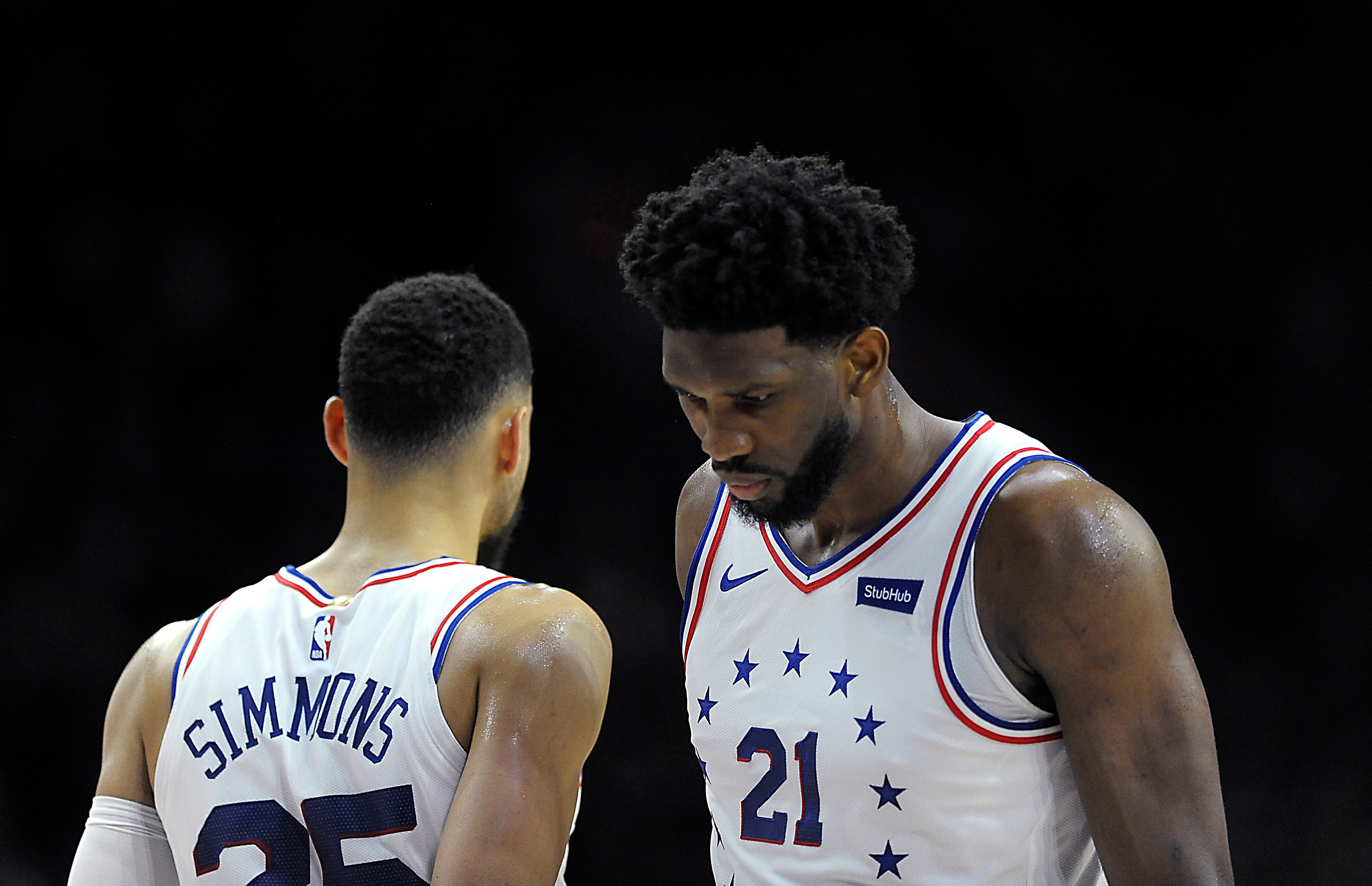 Philadelphia 76ers' Joel Embiid (21) and Ben Simmons are seen during an NBA basketball game against the Oklahoma City Thunder, Saturday, Jan. 19, 2019, in Philadelphia. (AP Photo/Michael Perez)