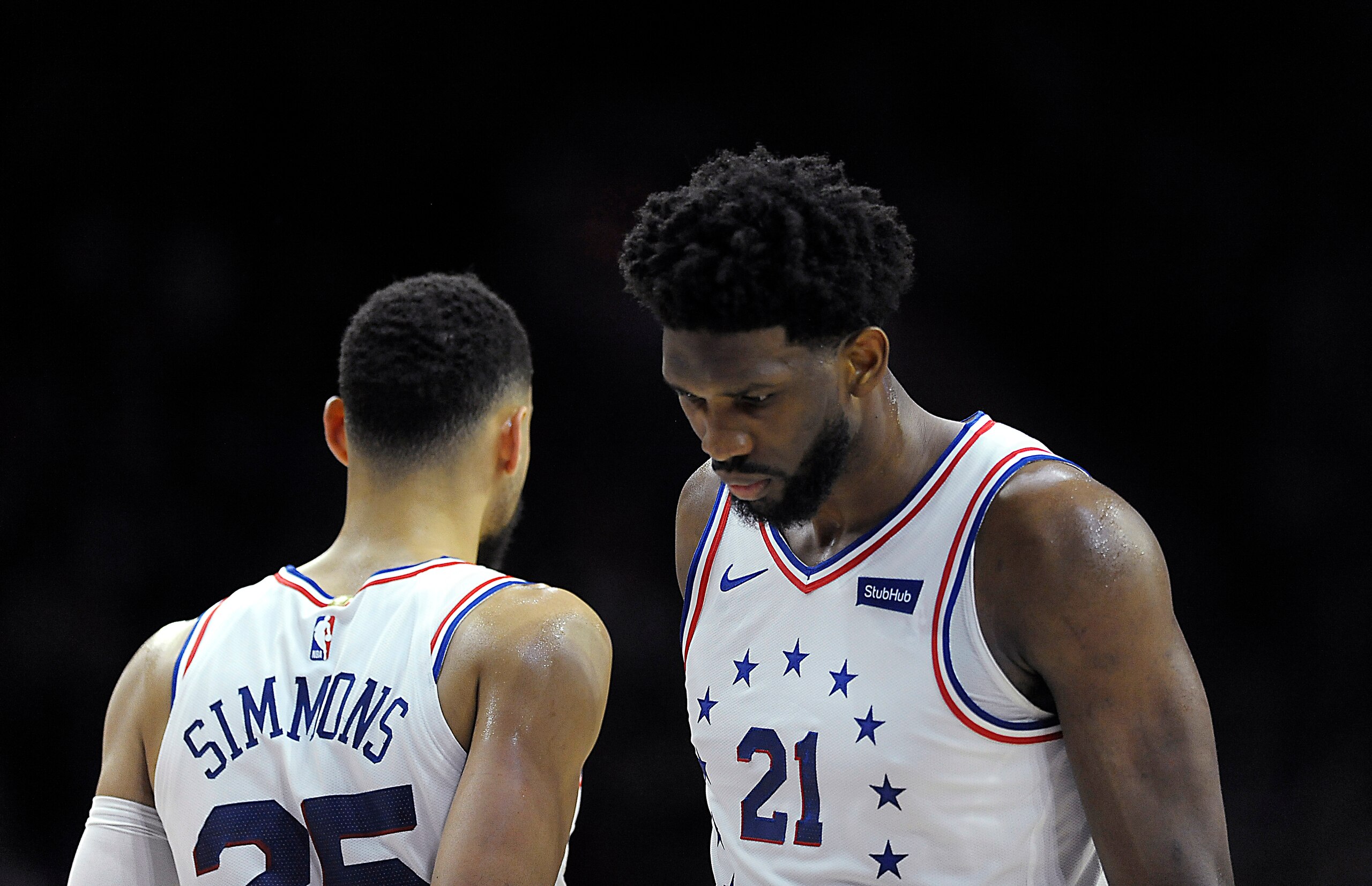 Philadelphia 76ers' Joel Embiid (21) and Ben Simmons are seen during an NBA basketball game against the Oklahoma City Thunder, Saturday, Jan. 19, 2019, in Philadelphia. (AP Photo/Michael Perez)