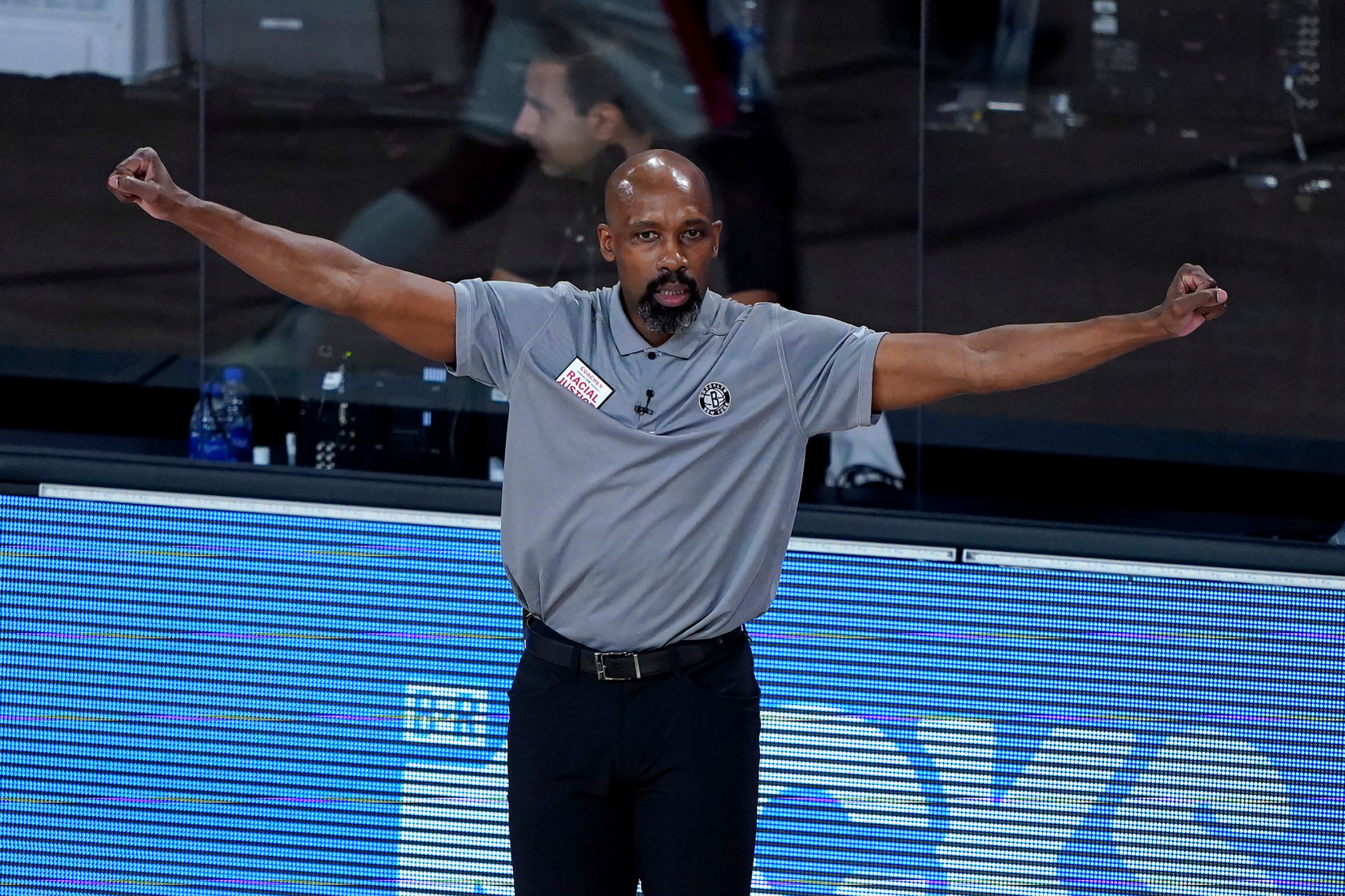 Brooklyn Nets head coach Jacque Vaughn reacts during the second half of an NBA basketball game against the Portland Trail Blazers Thursday, Aug. 13, 2020, in Lake Buena Vista, Fla. (AP Photo/Ashley Landis, Pool)