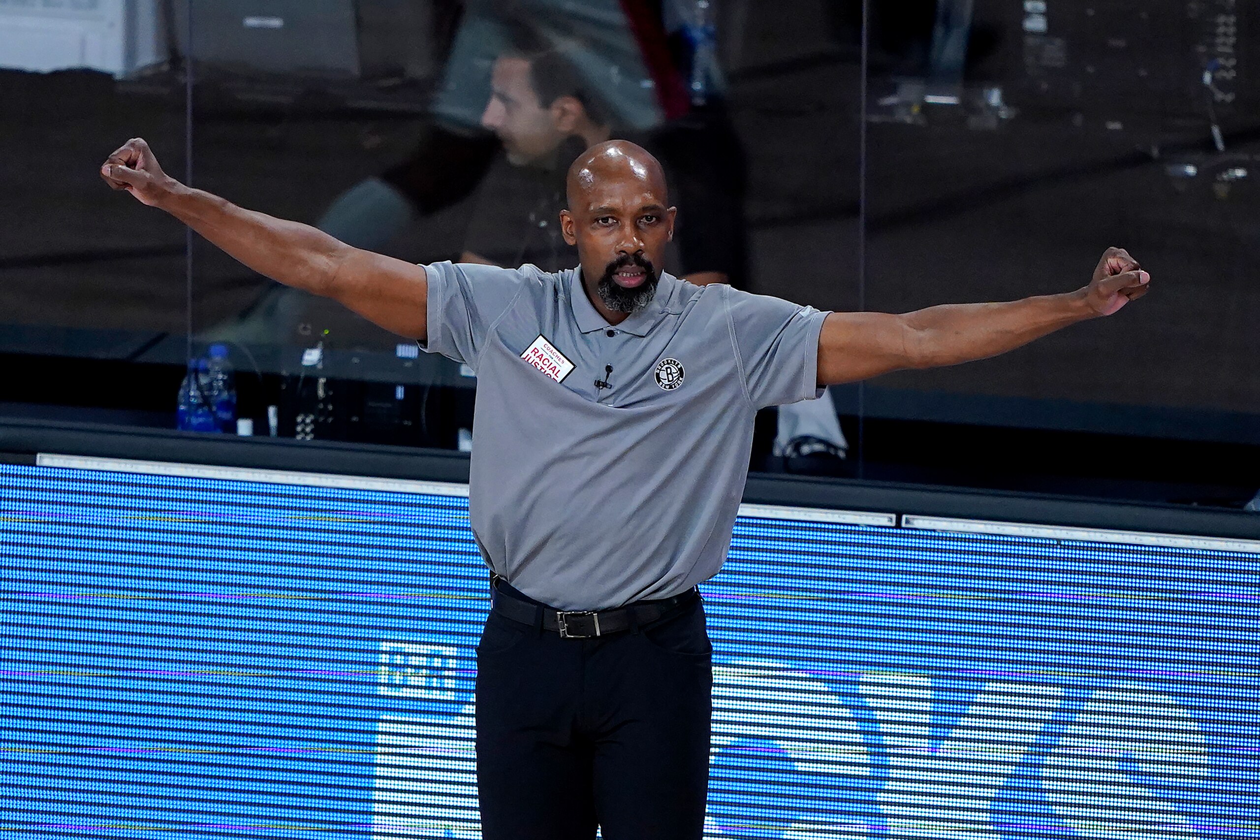 Brooklyn Nets head coach Jacque Vaughn reacts during the second half of an NBA basketball game against the Portland Trail Blazers Thursday, Aug. 13, 2020, in Lake Buena Vista, Fla. (AP Photo/Ashley Landis, Pool)