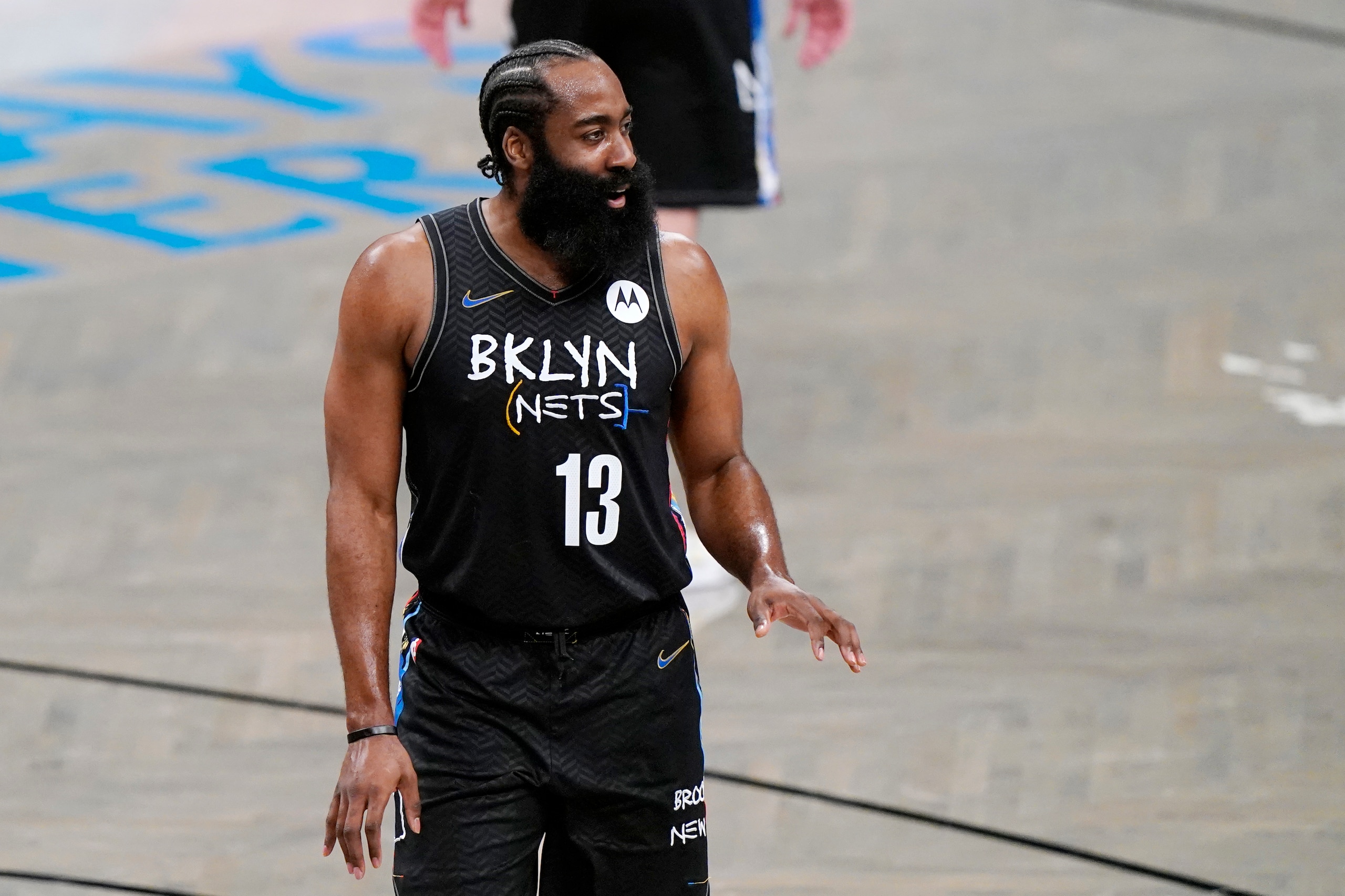 Brooklyn Nets guard James Harden (13) gestures to a teammate who missed a shot early in Game 5 of a second-round NBA basketball playoff series against the Milwaukee Bucks, Tuesday, June 15, 2021, in New York. (AP Photo/Kathy Willens)