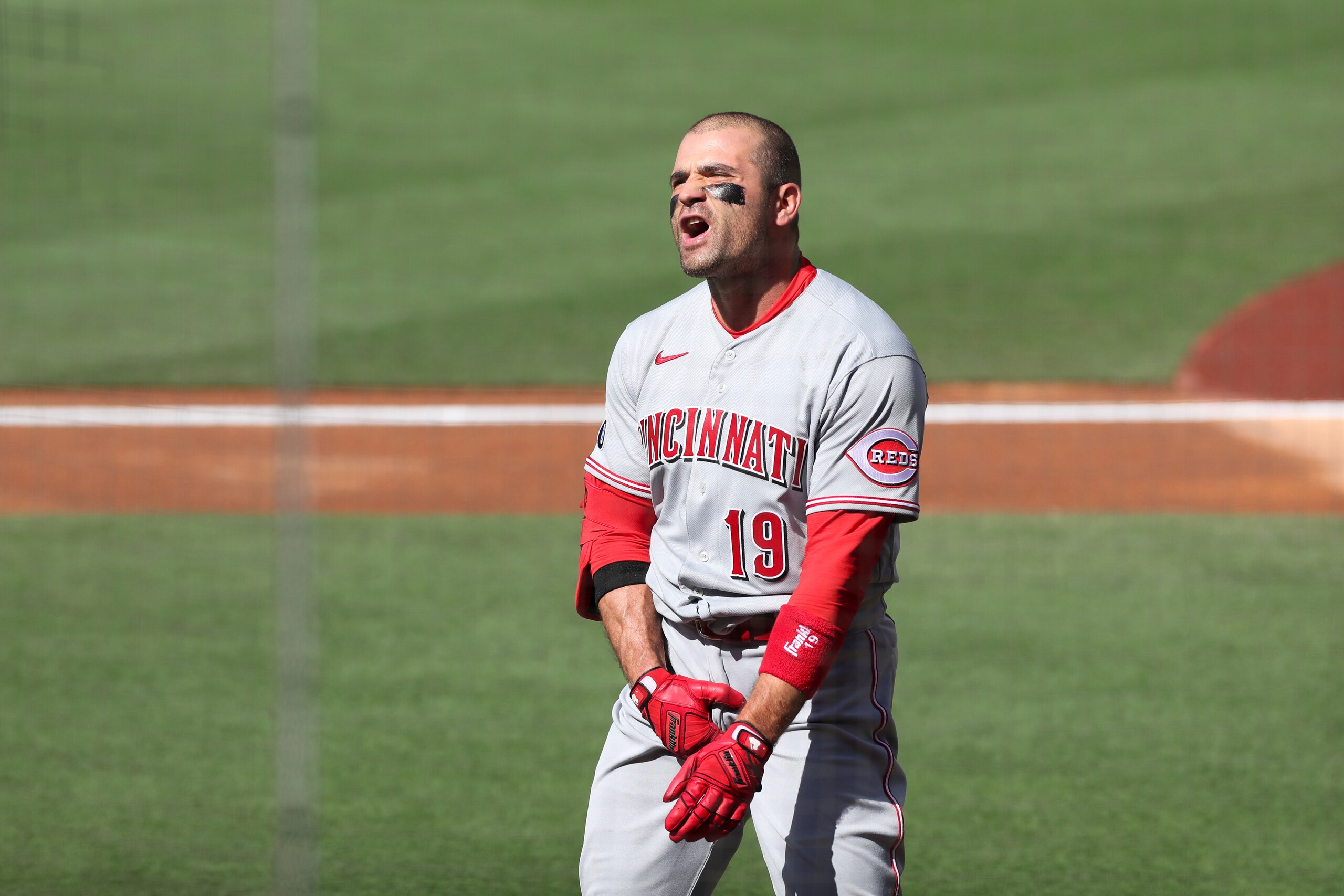 Cincinnati Reds' Joey Votto grabs himself while yelling towards the crowd after being ejected in the first inning of a baseball game against the San Diego Padres Saturday, June 19, 2021, in San Diego. (AP Photo/Derrick Tuskan) Cincinnati Reds' Joey Votto grabs himself while yelling towards the crowd after being ejected in the first inning of a baseball game against the San Diego Padres Saturday, June 19, 2021, in San Diego. (AP Photo/Derrick Tuskan)