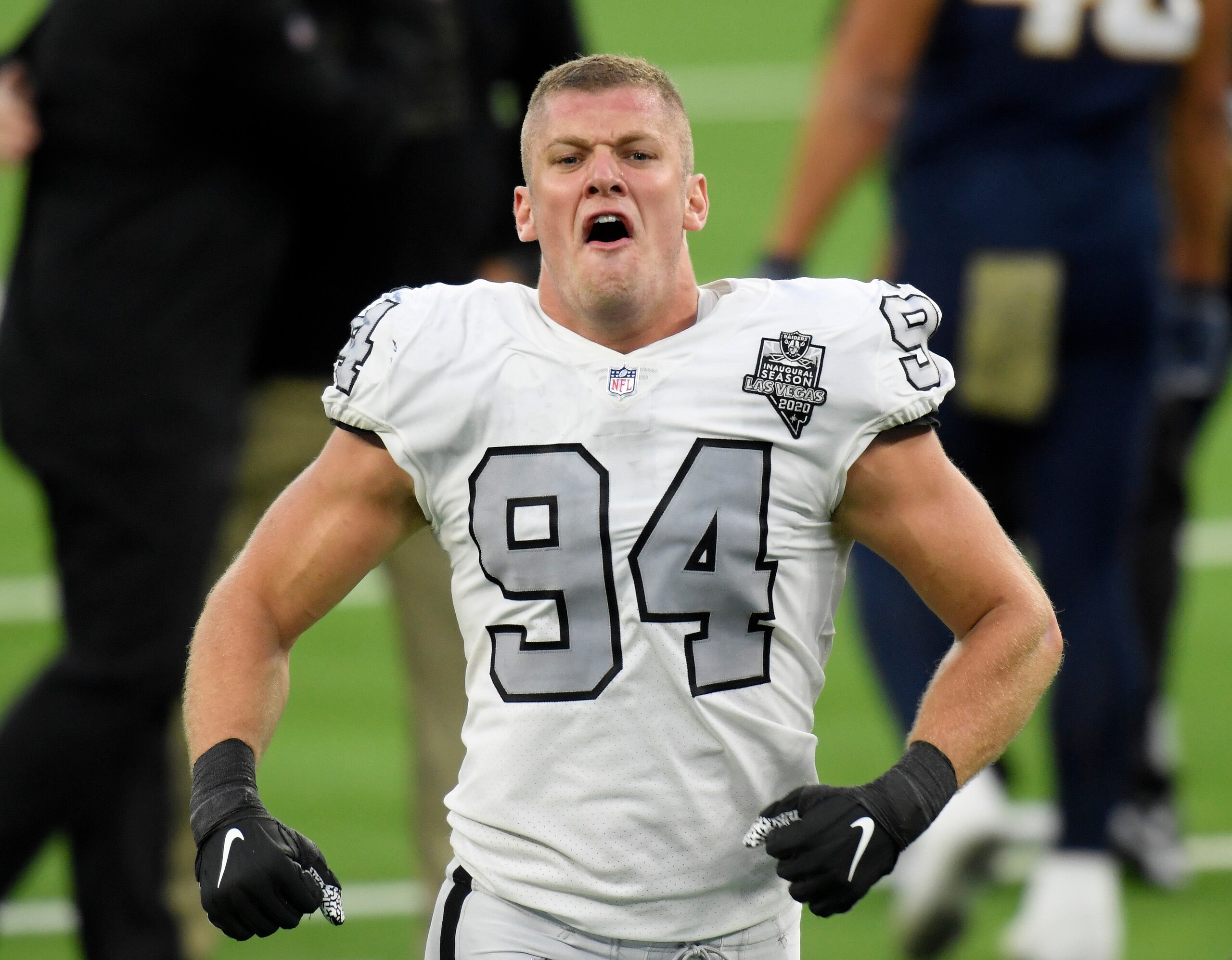 INGLEWOOD, CALIFORNIA - NOVEMBER 08: Carl Nassib #94 of the Las Vegas Raiders reacts to a 31-26 win over the Los Angeles Raiders at SoFi Stadium on November 08, 2020 in Inglewood, California. (Photo by Harry How/Getty Images) INGLEWOOD, CALIFORNIA - NOVEMBER 08: Carl Nassib #94 of the Las Vegas Raiders reacts to a 31-26 win over the Los Angeles Raiders at SoFi Stadium on November 08, 2020 in Inglewood, California. (Photo by Harry How/Getty Images)