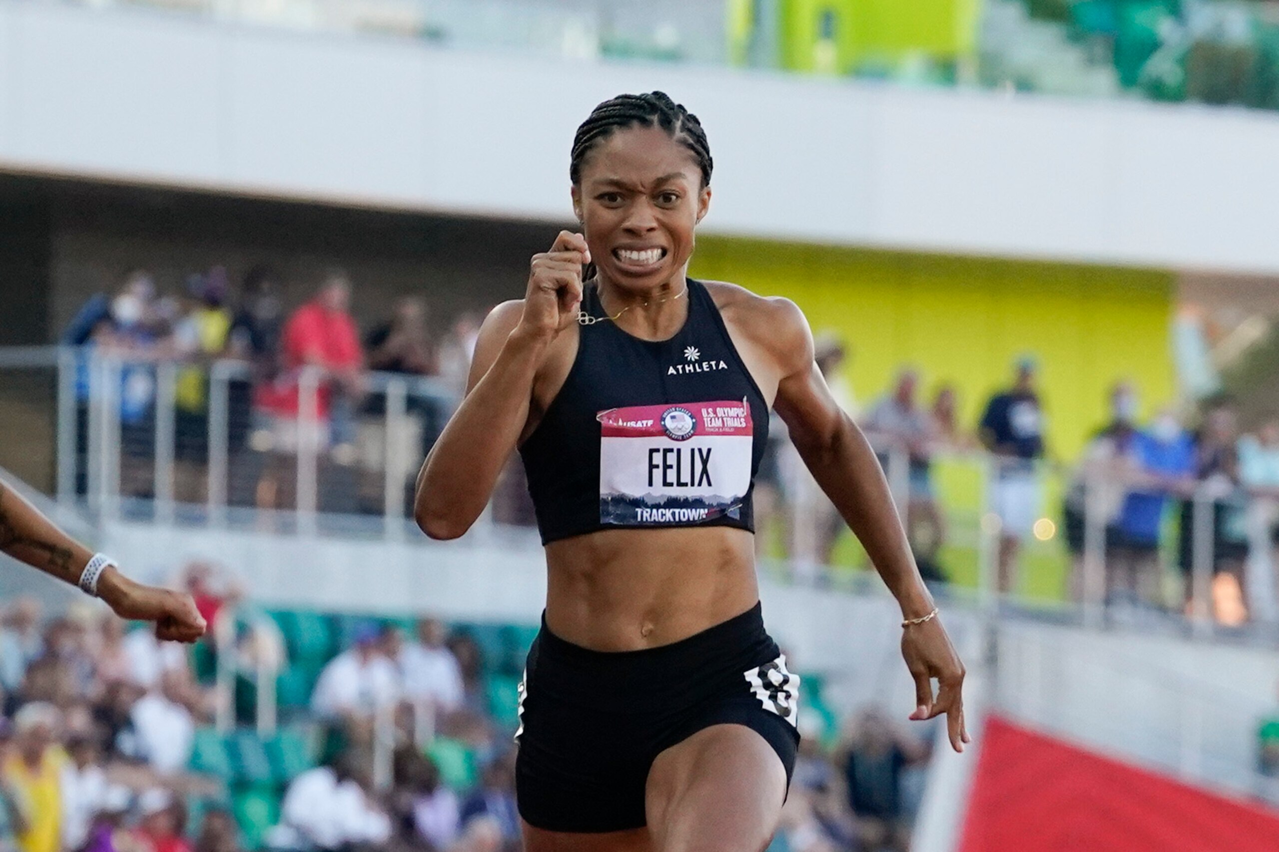 Allyson Felix finishes in second place in the women's 400-meter run at the U.S. Olympic Track and Field Trials Sunday, June 20, 2021, in Eugene, Ore. (AP Photo/Ashley Landis) Allyson Felix finishes in second place in the women's 400-meter run at the U.S. Olympic Track and Field Trials Sunday, June 20, 2021, in Eugene, Ore. (AP Photo/Ashley Landis)