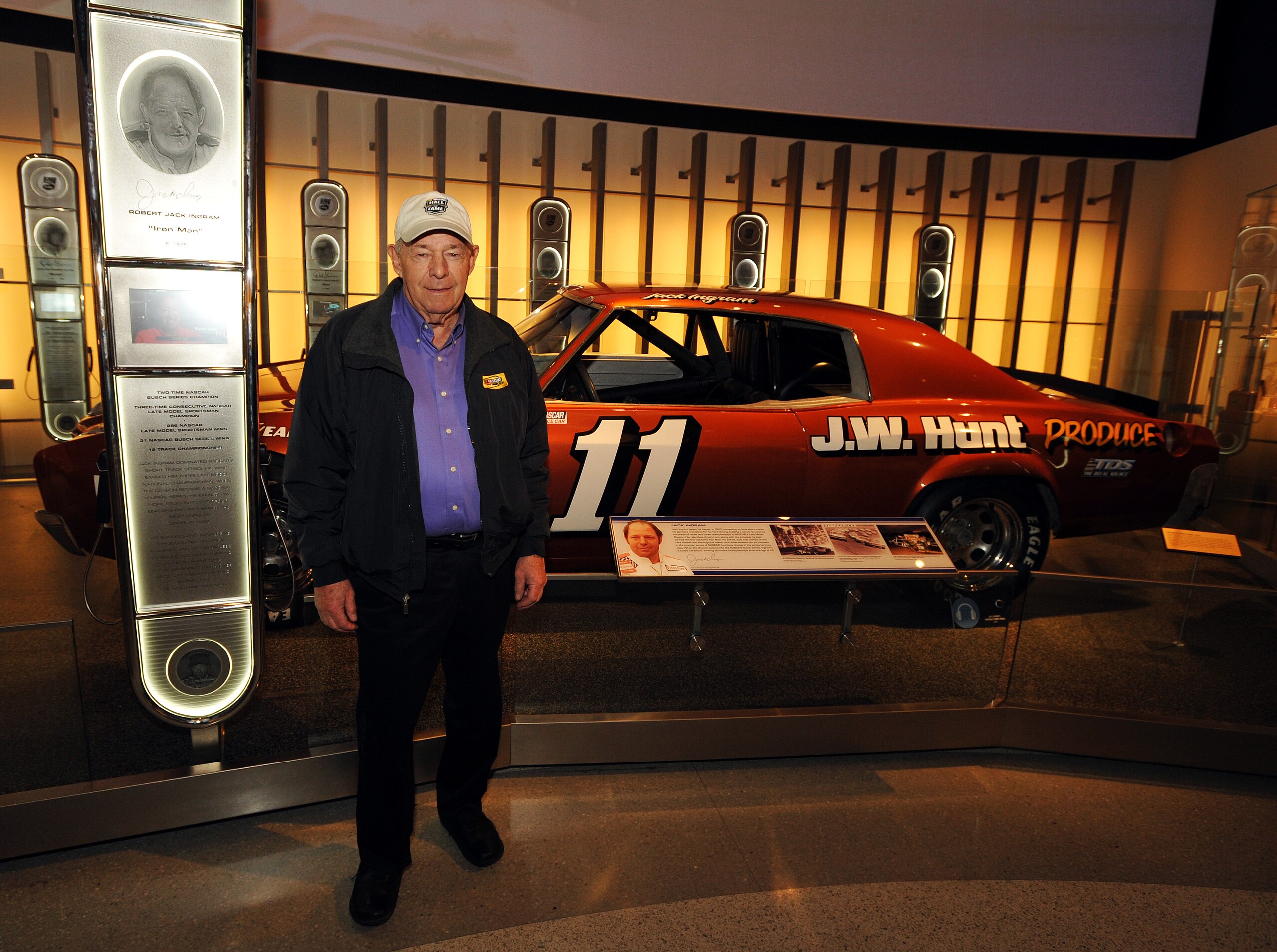 CHARLOTTE, N.C. - JANUARY 30: Class of 2014 inductee Jack Ingram poses with one of his cars during the NASCAR Hall of Fame inductee exhibit unveiling on January 30, 2014 in Charlotte, North Carolina. (Photo by Rainier Ehrhardt/NASCAR via Getty Images)