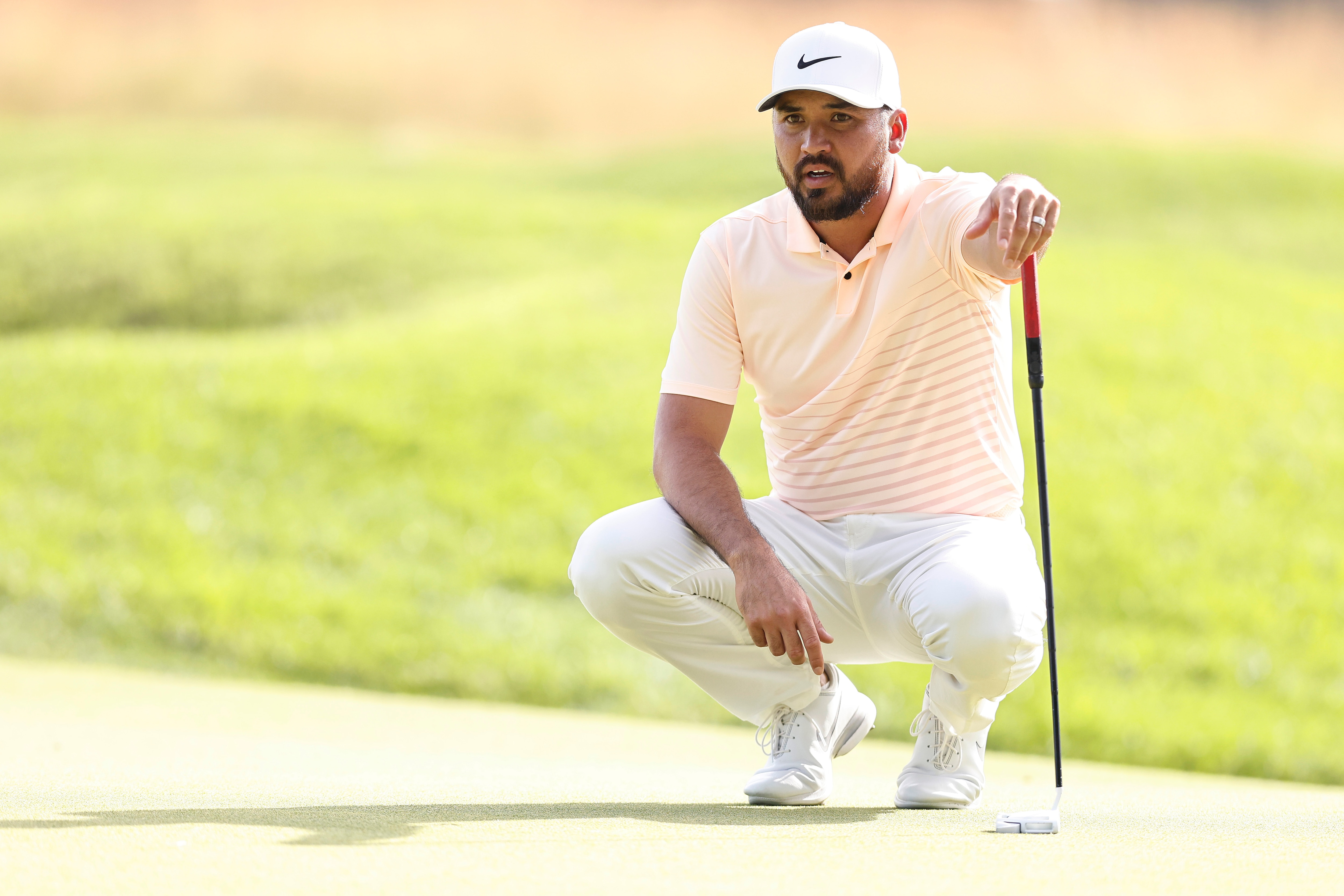 CROMWELL, CONNECTICUT - JUNE 25: Jason Day of Australia looks over a putt on the seventh green during the second round of the Travelers Championship at TPC River Highlands on June 25, 2021 in Cromwell, Connecticut. (Photo by Michael Reaves/Getty Images)