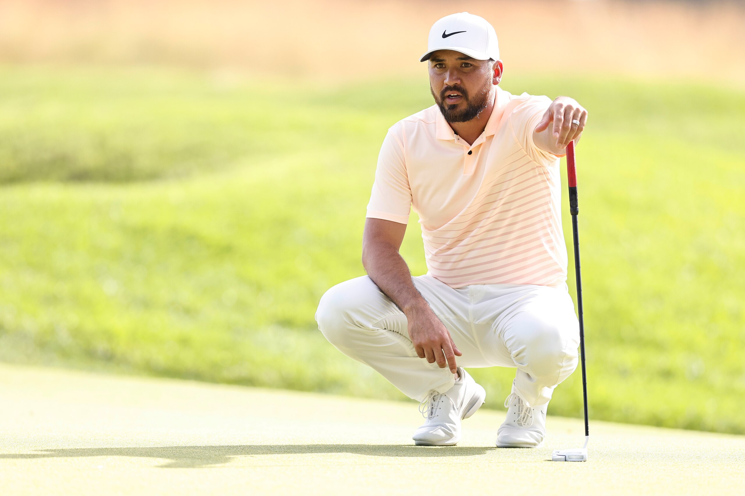 CROMWELL, CONNECTICUT - JUNE 25: Jason Day of Australia looks over a putt on the seventh green during the second round of the Travelers Championship at TPC River Highlands on June 25, 2021 in Cromwell, Connecticut. (Photo by Michael Reaves/Getty Images)