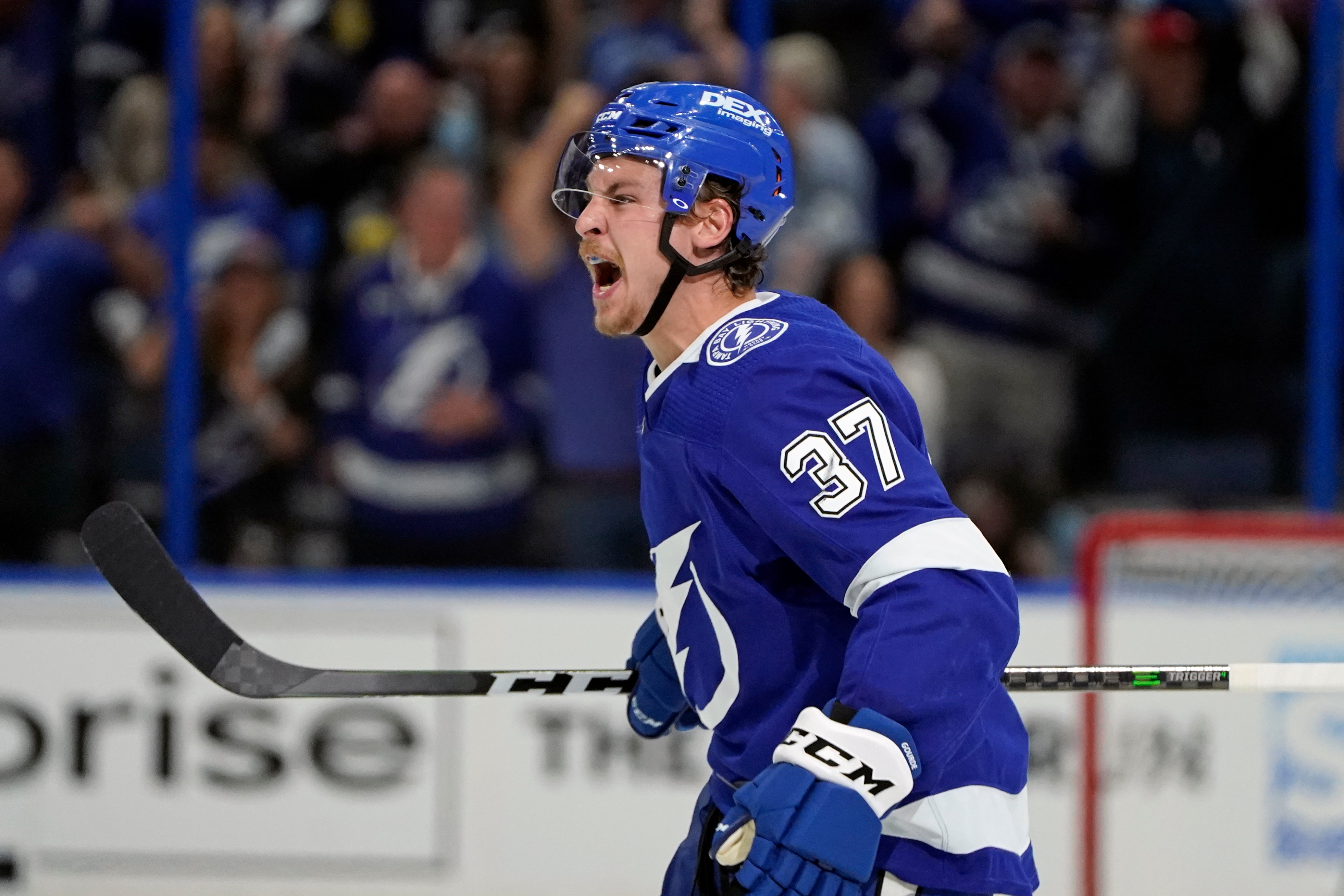Tampa Bay Lightning center Yanni Gourde celebrates after scoring a goal against the New York Islanders during the second period in Game 7 of an NHL hockey Stanley Cup semifinal playoff series Friday, June 25, 2021, in Tampa, Fla. (AP Photo/Chris O'Meara)
