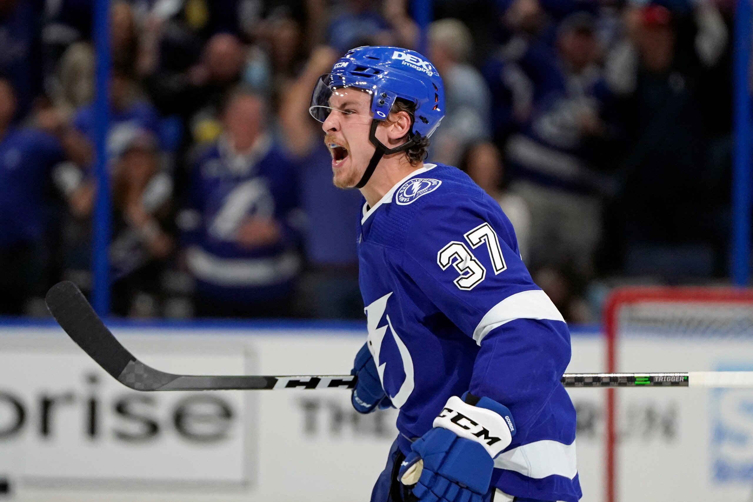 Tampa Bay Lightning center Yanni Gourde celebrates after scoring a goal against the New York Islanders during the second period in Game 7 of an NHL hockey Stanley Cup semifinal playoff series Friday, June 25, 2021, in Tampa, Fla. (AP Photo/Chris O'Meara)