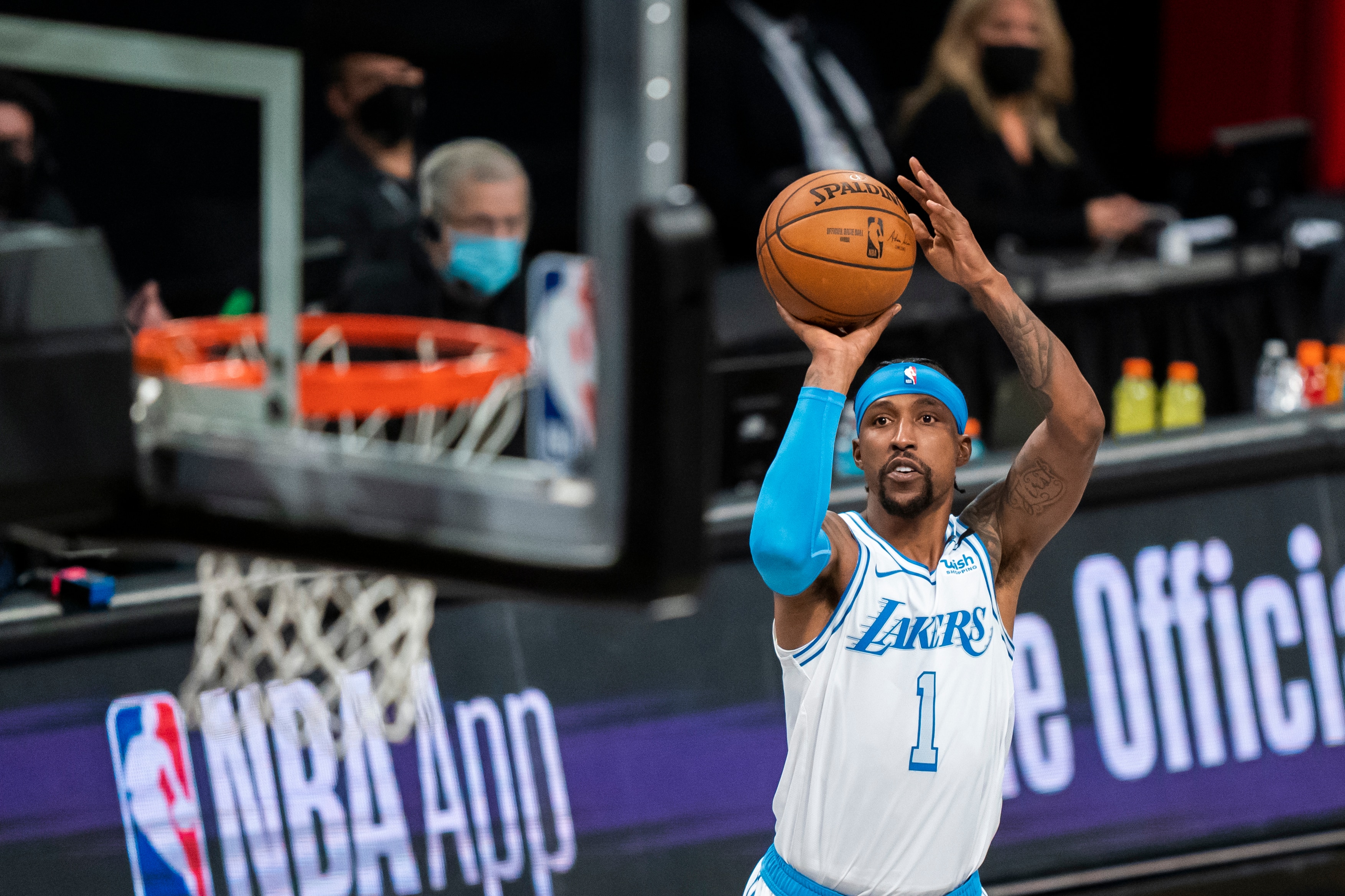 Los Angeles Lakers guard Kentavious Caldwell-Pope (1) shoots in the second half of an NBA basketball game against the Brooklyn Nets, Saturday, April 10, 2021, in New York. (AP Photo/Corey Sipkin)