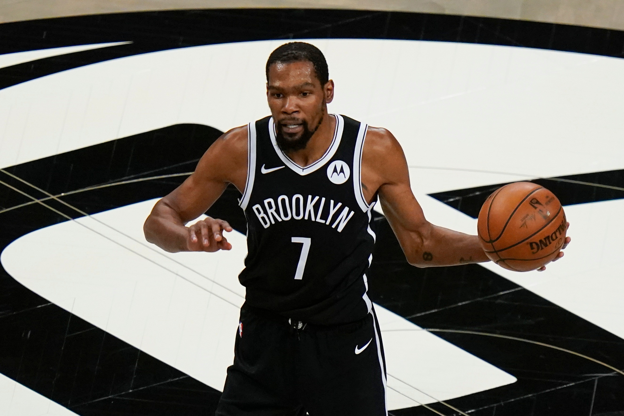 Brooklyn Nets' Kevin Durant (7) during the first half of Game 7 of a second-round NBA basketball playoff series against the Milwaukee Bucks Saturday, June 19, 2021, in New York. (AP Photo/Frank Franklin II)