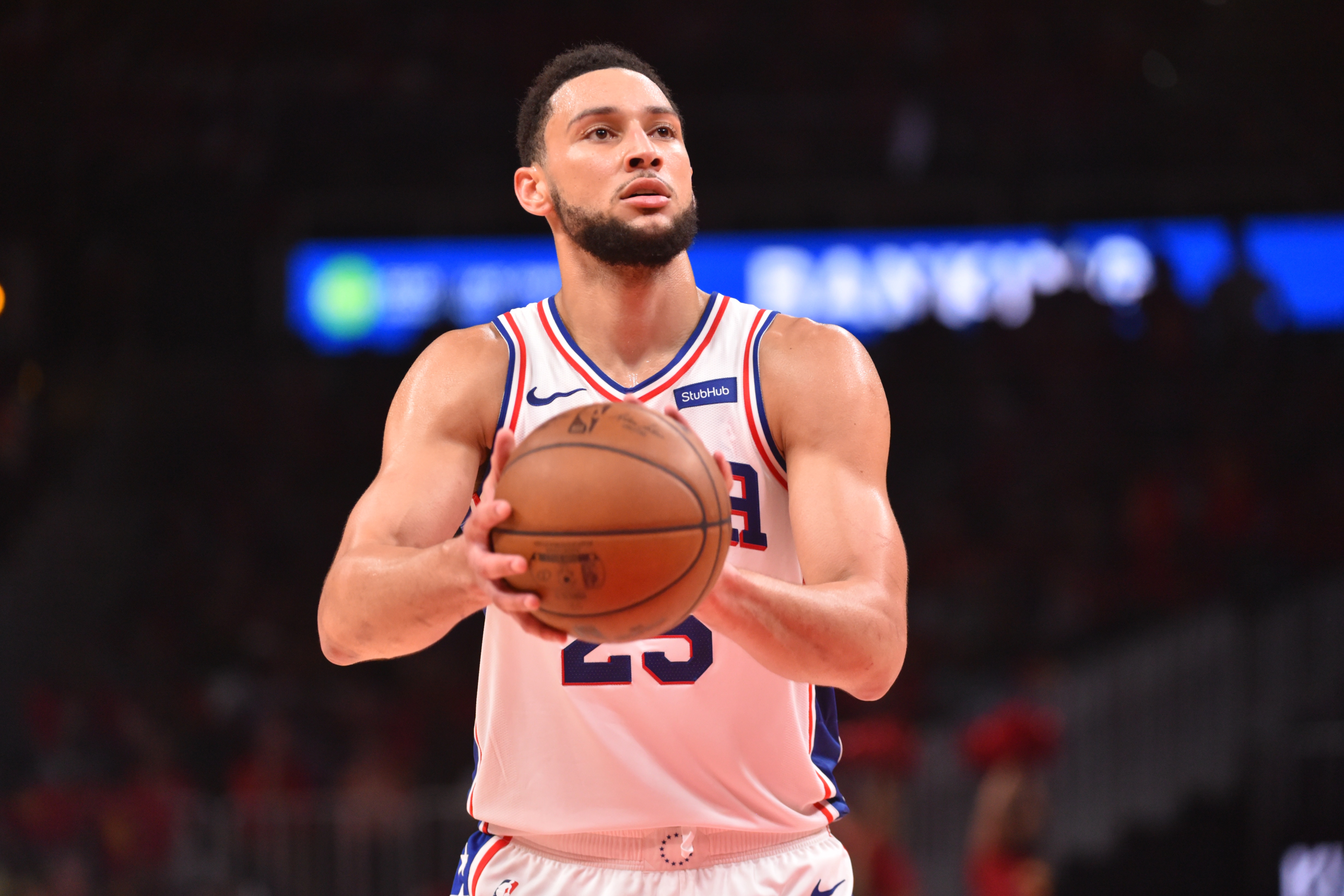 ATLANTA, GA - JUNE 11: Ben Simmons #25 of the Philadelphia 76ers shoots a free-throw during a game against the Atlanta Hawks during Round 2, Game 3 of the Eastern Conference Playoffs on June 11, 2021 at State Farm Arena in Atlanta, Georgia. NOTE TO USER: User expressly acknowledges and agrees that, by downloading and/or using this Photograph, user is consenting to the terms and conditions of the Getty Images License Agreement. Mandatory Copyright Notice: Copyright 2021 NBAE (Photo by Jesse D. Garrabrant/NBAE via Getty Images)