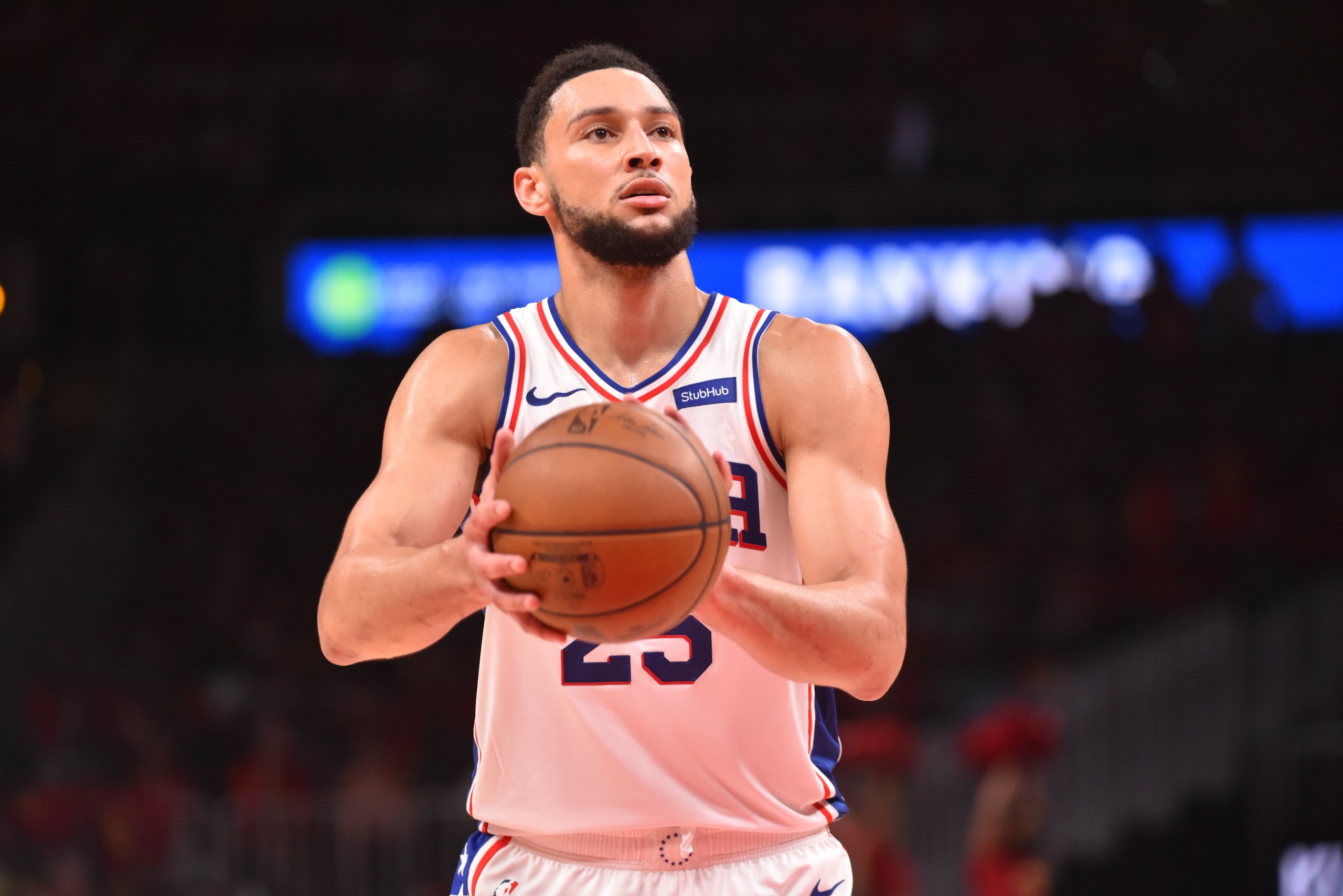 ATLANTA, GA - JUNE 11: Ben Simmons #25 of the Philadelphia 76ers shoots a free-throw during a game against the Atlanta Hawks during Round 2, Game 3 of the Eastern Conference Playoffs on June 11, 2021 at State Farm Arena in Atlanta, Georgia. NOTE TO USER: User expressly acknowledges and agrees that, by downloading and/or using this Photograph, user is consenting to the terms and conditions of the Getty Images License Agreement. Mandatory Copyright Notice: Copyright 2021 NBAE (Photo by Jesse D. Garrabrant/NBAE via Getty Images)