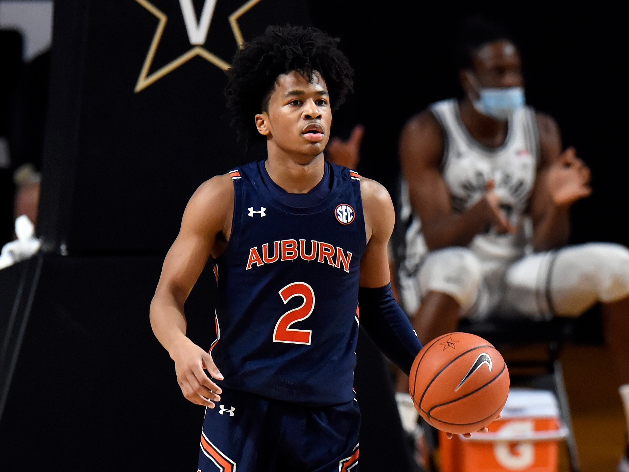 Auburn guard Sharife Cooper (2) plays against Vanderbilt during the first half of an NCAA college basketball game Tuesday, Feb. 9, 2021, in Nashville, Tenn. (AP Photo/Mark Zaleski)