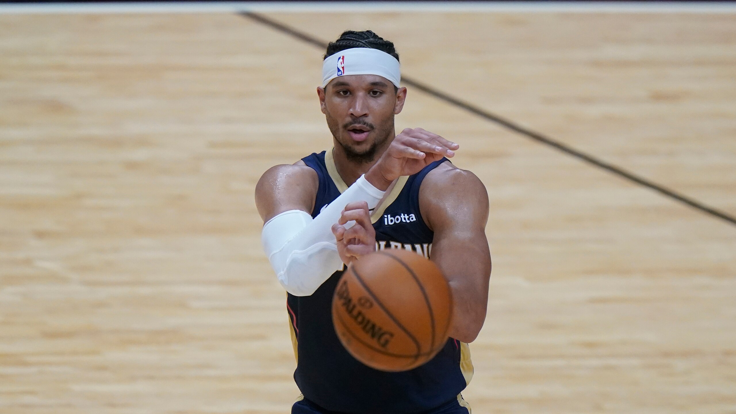 New Orleans Pelicans guard Josh Hart passes the ball during the second half of a preseason NBA basketball game against the Miami Heat, Monday, Dec. 14, 2020, in Miami. (AP Photo/Wilfredo Lee) New Orleans Pelicans guard Josh Hart passes the ball during the second half of a preseason NBA basketball game against the Miami Heat, Monday, Dec. 14, 2020, in Miami. (AP Photo/Wilfredo Lee)