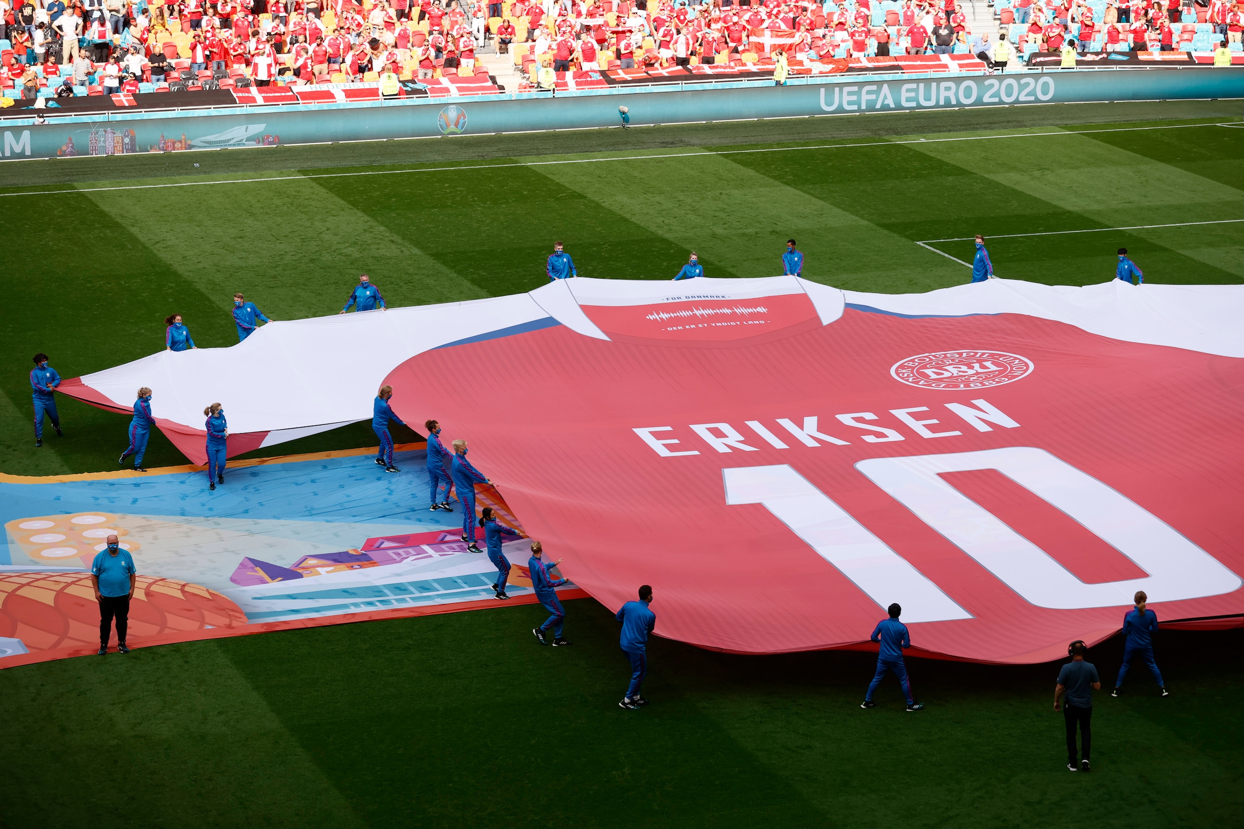 A giant shirt of Christian Eriksen of Denmark is seen prior the start of the Euro 2020 soccer championship round of 16 match between Wales and Denmark, at Johan Cruyff Arena in Amsterdam, Netherlands, Saturday, June 26, 2021. (Koen van Weel, Pool via AP)