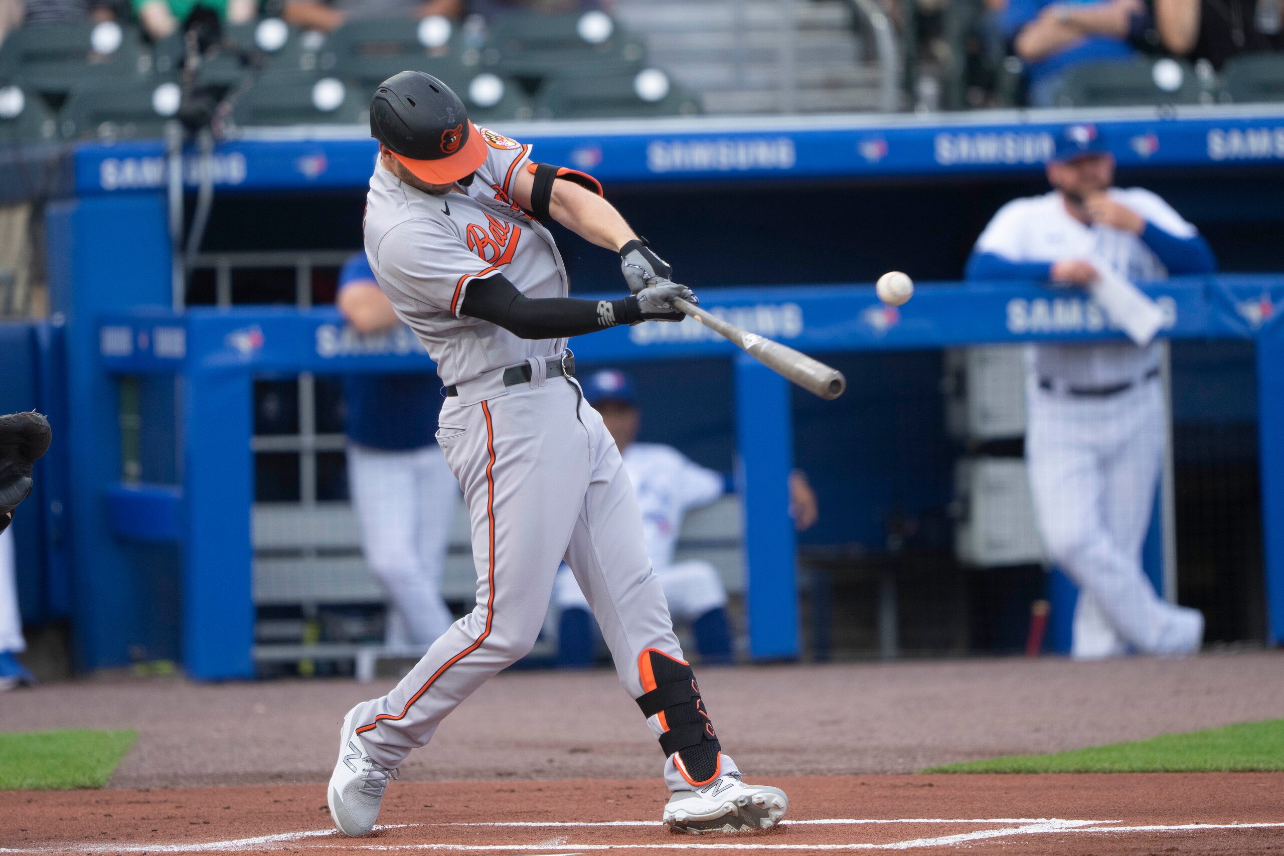 BUFFALO, NY - JUNE 24: Baltimore Orioles Designated Hitter Trey Mancini (16) hits a single during the first inning of a Major League Baseball game between the Baltimore Orioles and the Toronto Blue Jays on June 24,2021, at Sahlen Field in Buffalo, NY. (Photo by Gregory Fisher/Icon Sportswire via Getty Images)
