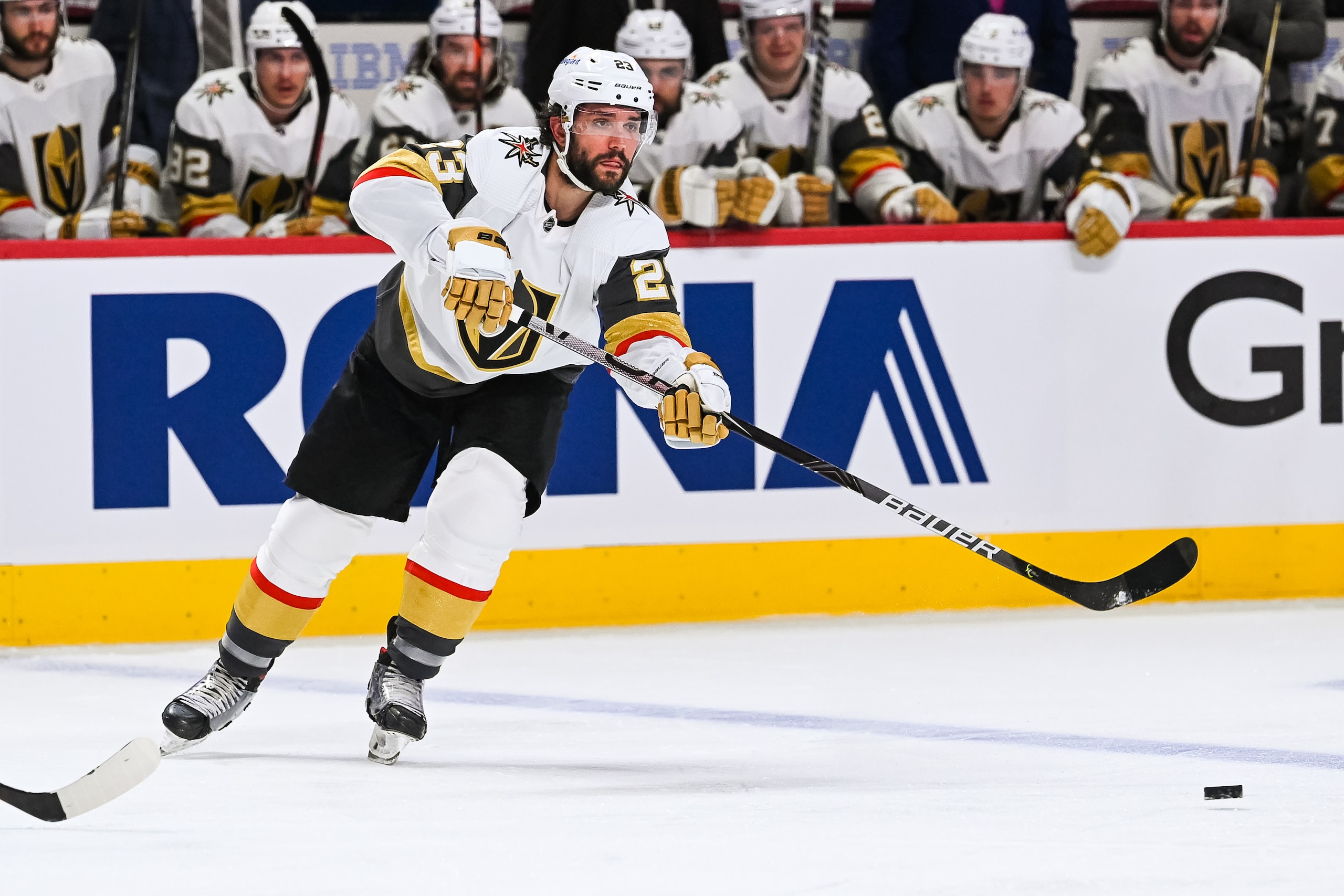 MONTREAL, QC - JUNE 24: Las Vegas Golden Knights defenceman Alec Martinez (23) passes the puck along the blue line during the NHL Stanley Cup Playoffs Semifinals game 6 between the Las Vegas Golden Knights versus the Montreal Canadiens on June 24, 2021, at Bell Centre in Montreal, QC (Photo by David Kirouac/Icon Sportswire via Getty Images)