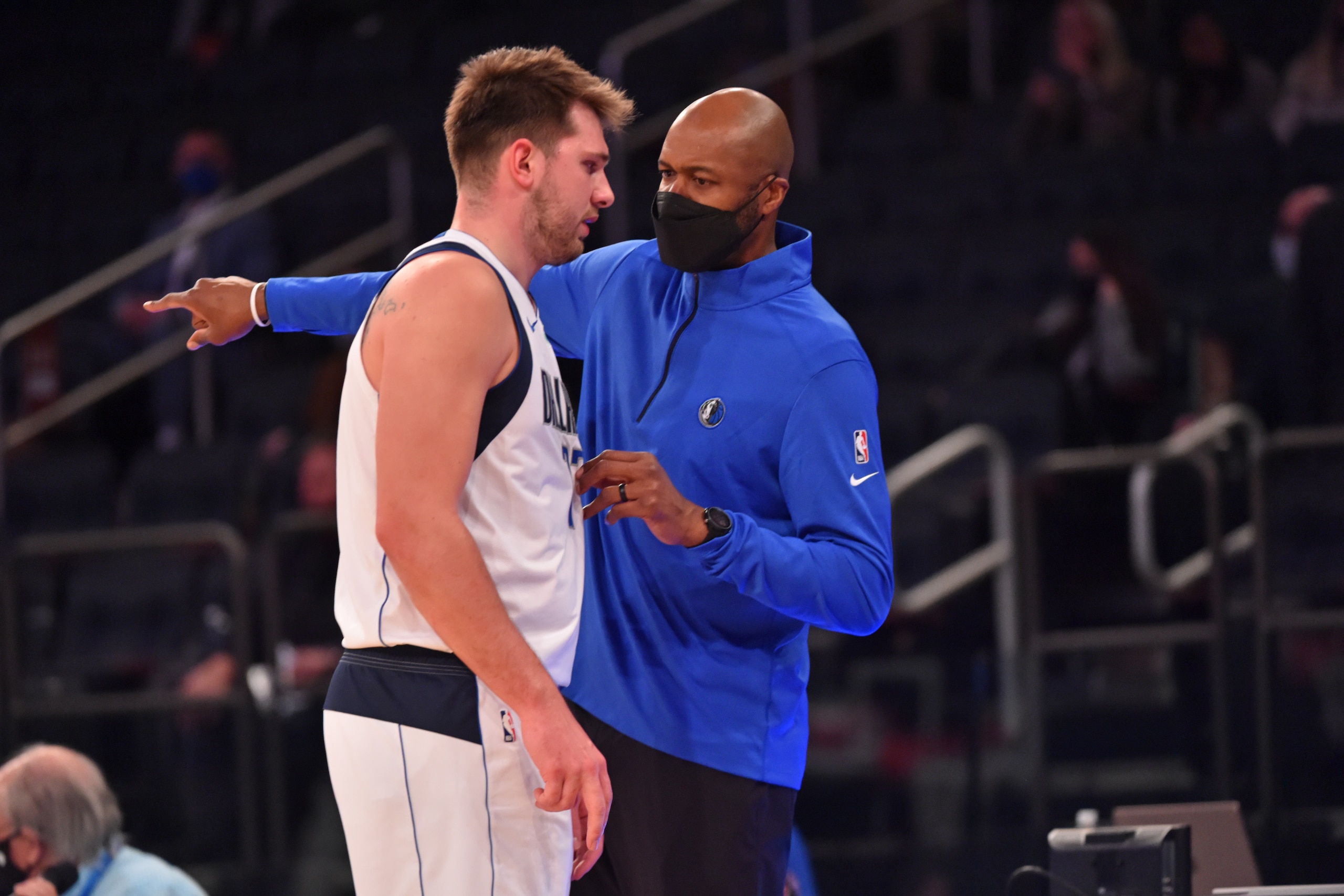 NEW YORK, NY - APRIL 2: Luka Doncic #77 of the Dallas Mavericks and Assistant Coach, Jamahl Mosley of the Dallas Mavericks talk during a game against the New York Knicks on April 2, 2021 at Madison Square Garden in New York City, New York. NOTE TO USER: User expressly acknowledges and agrees that, by downloading and/or using this Photograph, user is consenting to the terms and conditions of the Getty Images License Agreement. Mandatory Copyright Notice: Copyright 2021 NBAE (Photo by Jesse D. Garrabrant/NBAE via Getty Images)