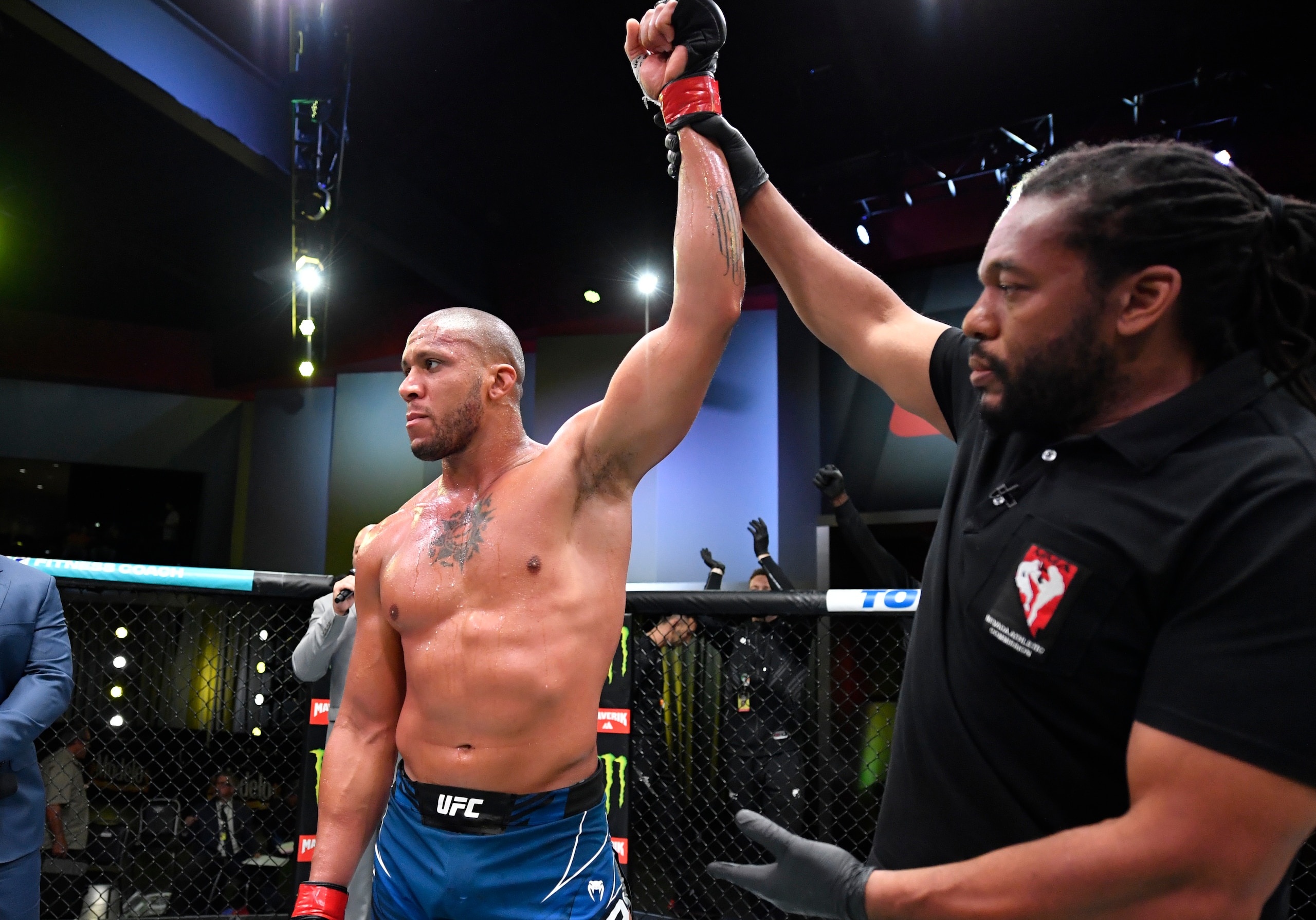 LAS VEGAS, NEVADA - JUNE 26: Ciryl Gane of France reacts after his unanimous-decision victory over Alexander Volkov of Russia in a heavyweight fight during the UFC Fight Night event at UFC APEX on June 26, 2021 in Las Vegas, Nevada. (Photo by Chris Unger/Zuffa LLC)
