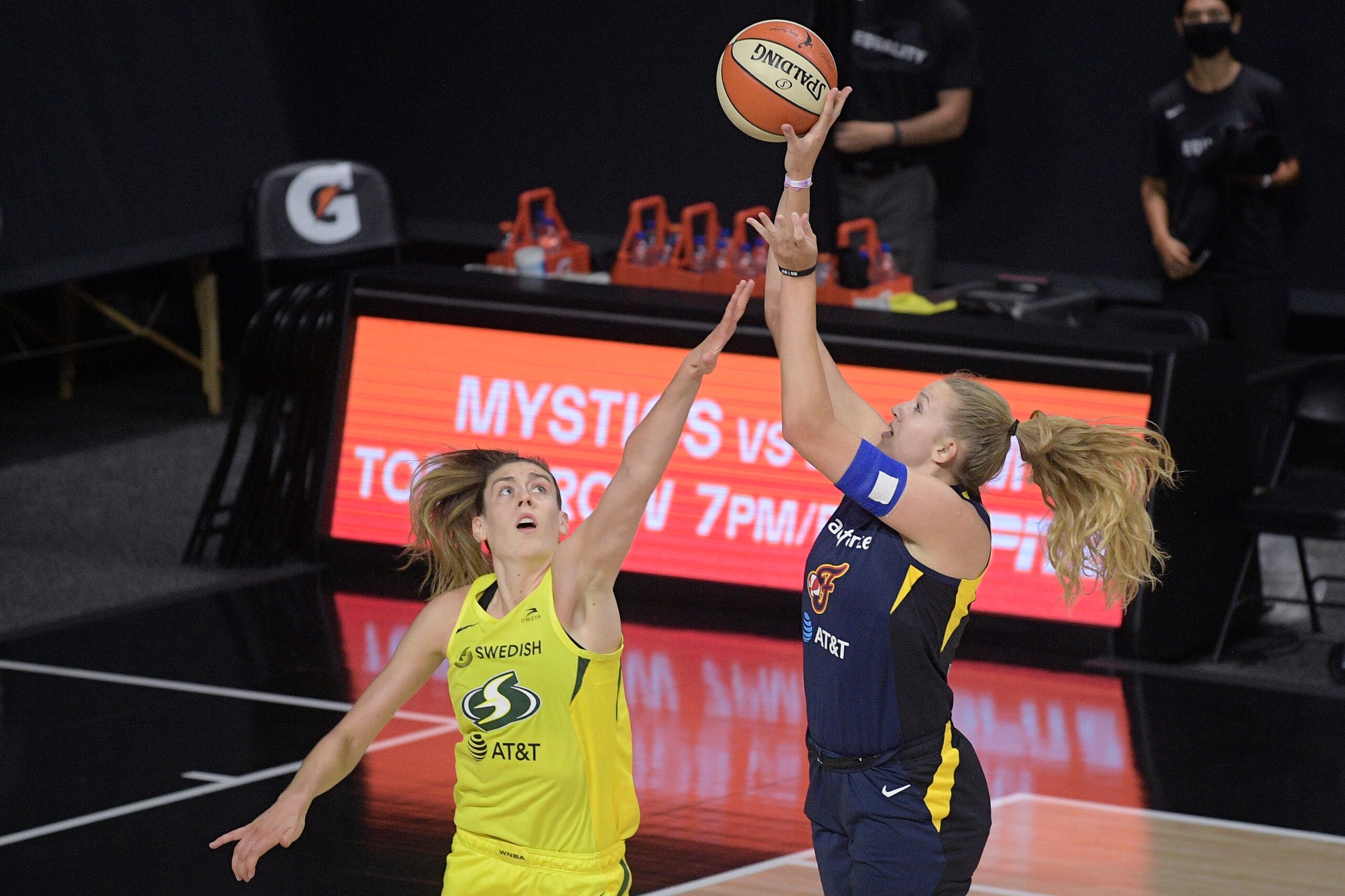 Indiana Fever forward Lauren Cox, right, over Seattle Storm forward Breanna Stewart during the second half of a WNBA basketball game, Tuesday, Aug. 25, 2020, in Bradenton, Fla. (AP Photo/Phelan M. Ebenhack) Indiana Fever forward Lauren Cox, right, over Seattle Storm forward Breanna Stewart during the second half of a WNBA basketball game, Tuesday, Aug. 25, 2020, in Bradenton, Fla. (AP Photo/Phelan M. Ebenhack)