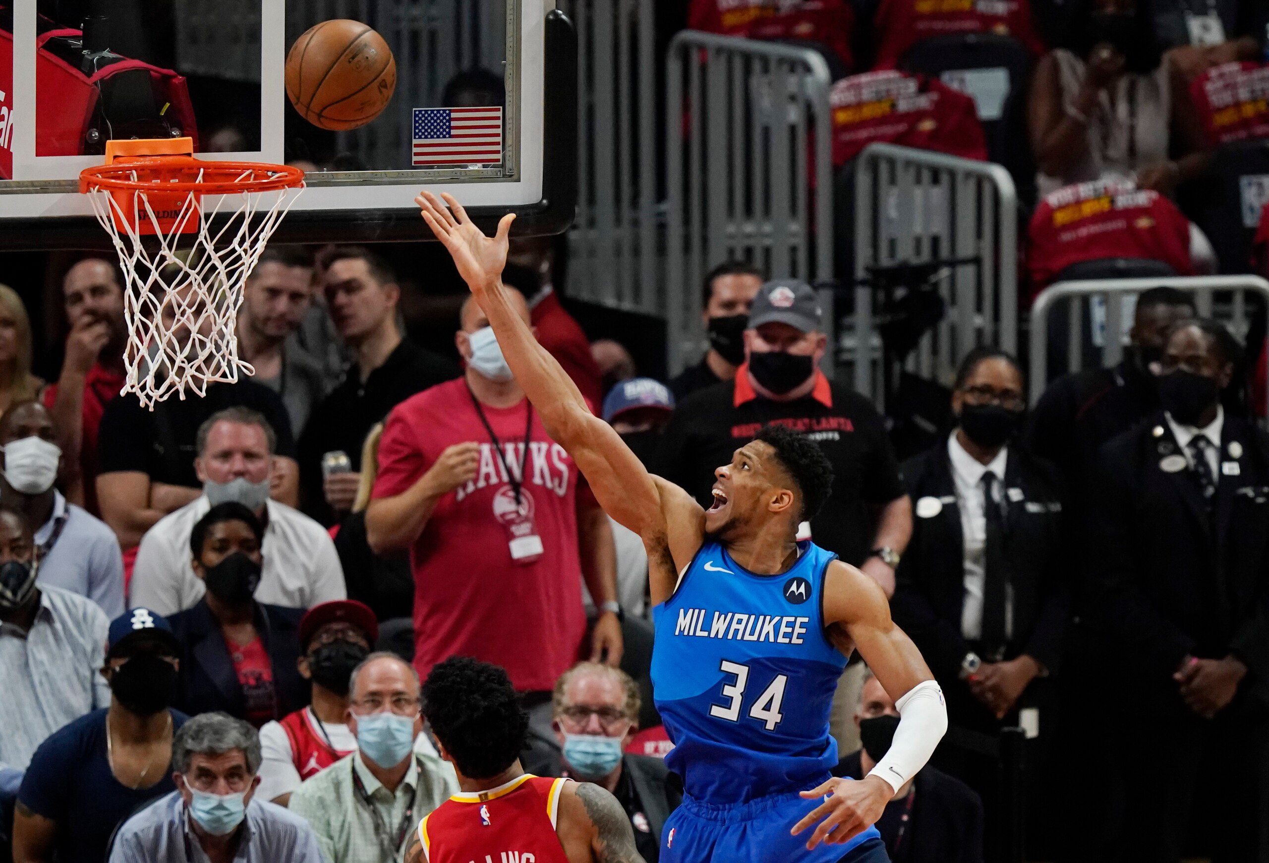 Milwaukee Bucks' Giannis Antetokounmpo (34) scores against the Atlanta Hawks during the first half of Game 3 of the NBA Eastern Conference basketball finals Sunday, June 27, 2021, in Atlanta. (AP Photo/Brynn Anderson) Milwaukee Bucks' Giannis Antetokounmpo (34) scores against the Atlanta Hawks during the first half of Game 3 of the NBA Eastern Conference basketball finals Sunday, June 27, 2021, in Atlanta. (AP Photo/Brynn Anderson)