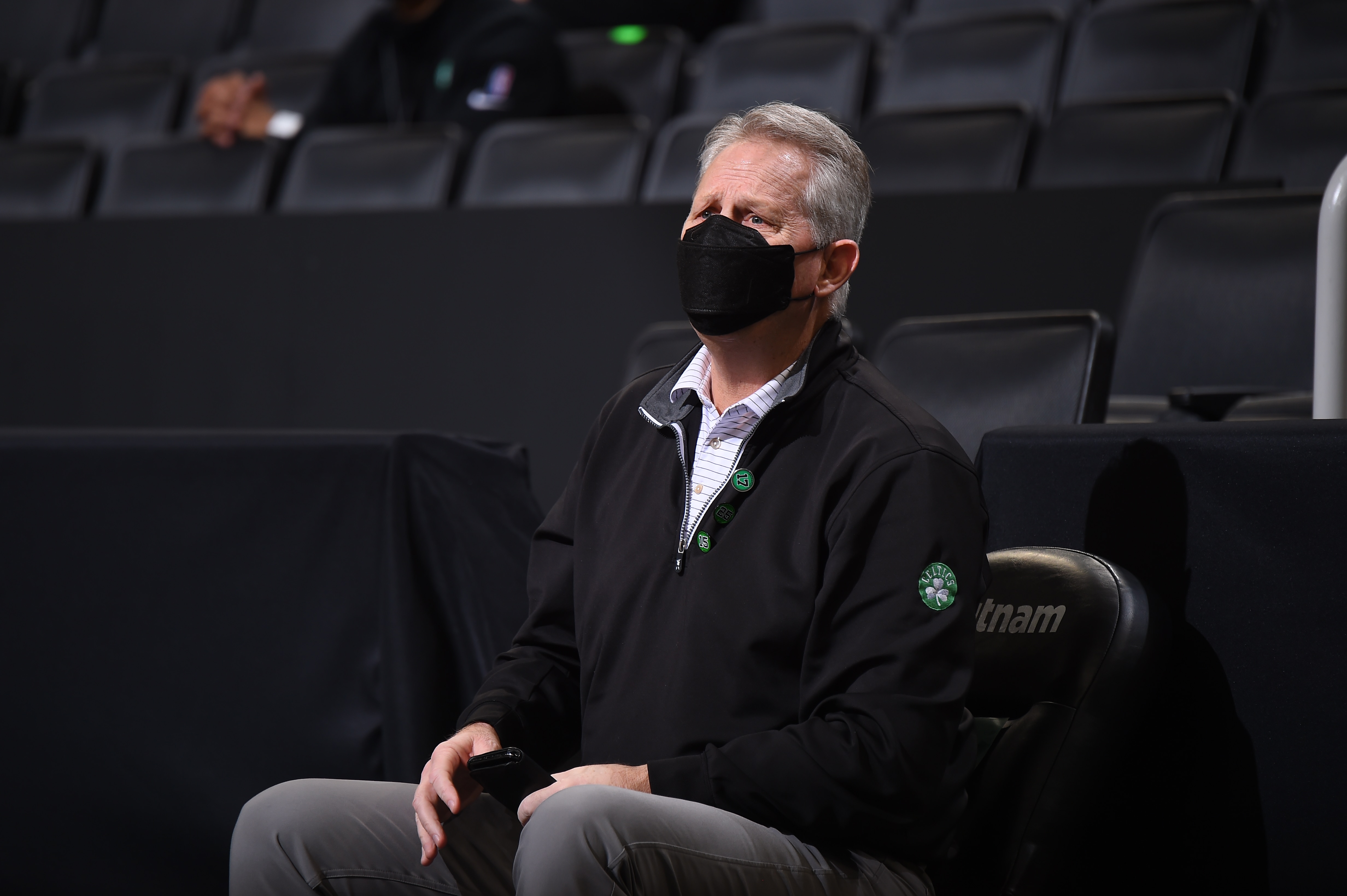 BOSTON, MA - FEBRUARY 16: Owner Danny Ainge of the Boston Celtics sits on the sideline during the game against the Denver Nuggets on February 16, 2021 at the TD Garden in Boston, Massachusetts.  NOTE TO USER: User expressly acknowledges and agrees that, by downloading and or using this photograph, User is consenting to the terms and conditions of the Getty Images License Agreement. Mandatory Copyright Notice: Copyright 2021 NBAE  (Photo by Brian Babineau/NBAE via Getty Images)