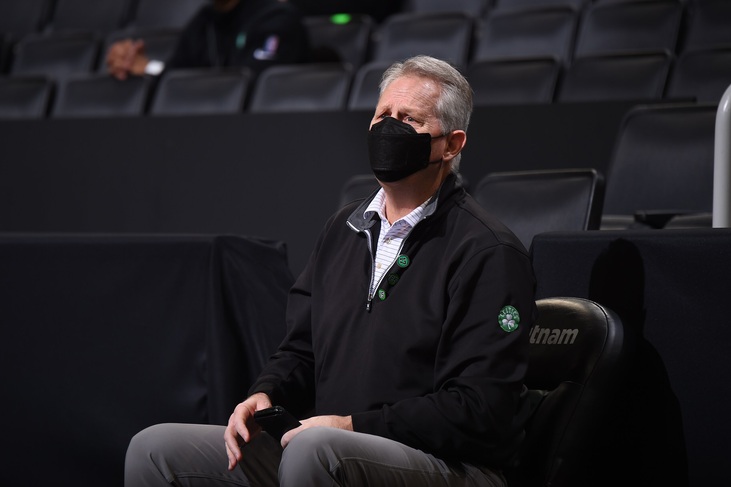 BOSTON, MA - FEBRUARY 16: Owner Danny Ainge of the Boston Celtics sits on the sideline during the game against the Denver Nuggets on February 16, 2021 at the TD Garden in Boston, Massachusetts. NOTE TO USER: User expressly acknowledges and agrees that, by downloading and or using this photograph, User is consenting to the terms and conditions of the Getty Images License Agreement. Mandatory Copyright Notice: Copyright 2021 NBAE (Photo by Brian Babineau/NBAE via Getty Images) BOSTON, MA - FEBRUARY 16: Owner Danny Ainge of the Boston Celtics sits on the sideline during the game against the Denver Nuggets on February 16, 2021 at the TD Garden in Boston, Massachusetts. NOTE TO USER: User expressly acknowledges and agrees that, by downloading and or using this photograph, User is consenting to the terms and conditions of the Getty Images License Agreement. Mandatory Copyright Notice: Copyright 2021 NBAE (Photo by Brian Babineau/NBAE via Getty Images)