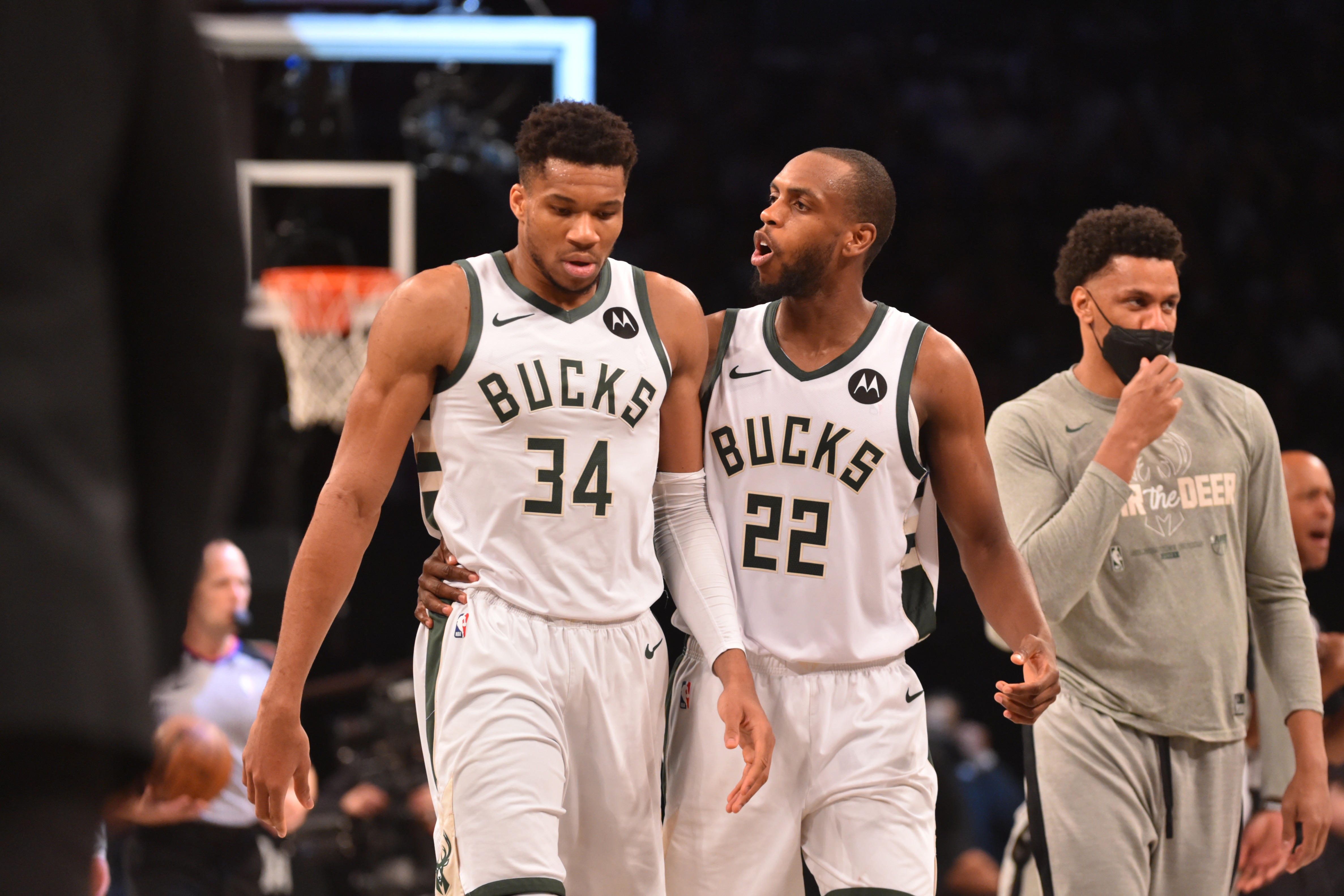 BROOKLYN, NY - JUNE 19: Giannis Antetokounmpo #34 of the Milwaukee Bucks and Khris Middleton #22 of the Milwaukee Bucks talk during Round 2, Game 7 on June 19, 2021 at Barclays Center in Brooklyn, New York. NOTE TO USER: User expressly acknowledges and agrees that, by downloading and/or using this Photograph, user is consenting to the terms and conditions of the Getty Images License Agreement. Mandatory Copyright Notice: Copyright 2021 NBAE (Photo by Jesse D. Garrabrant/NBAE via Getty Images)