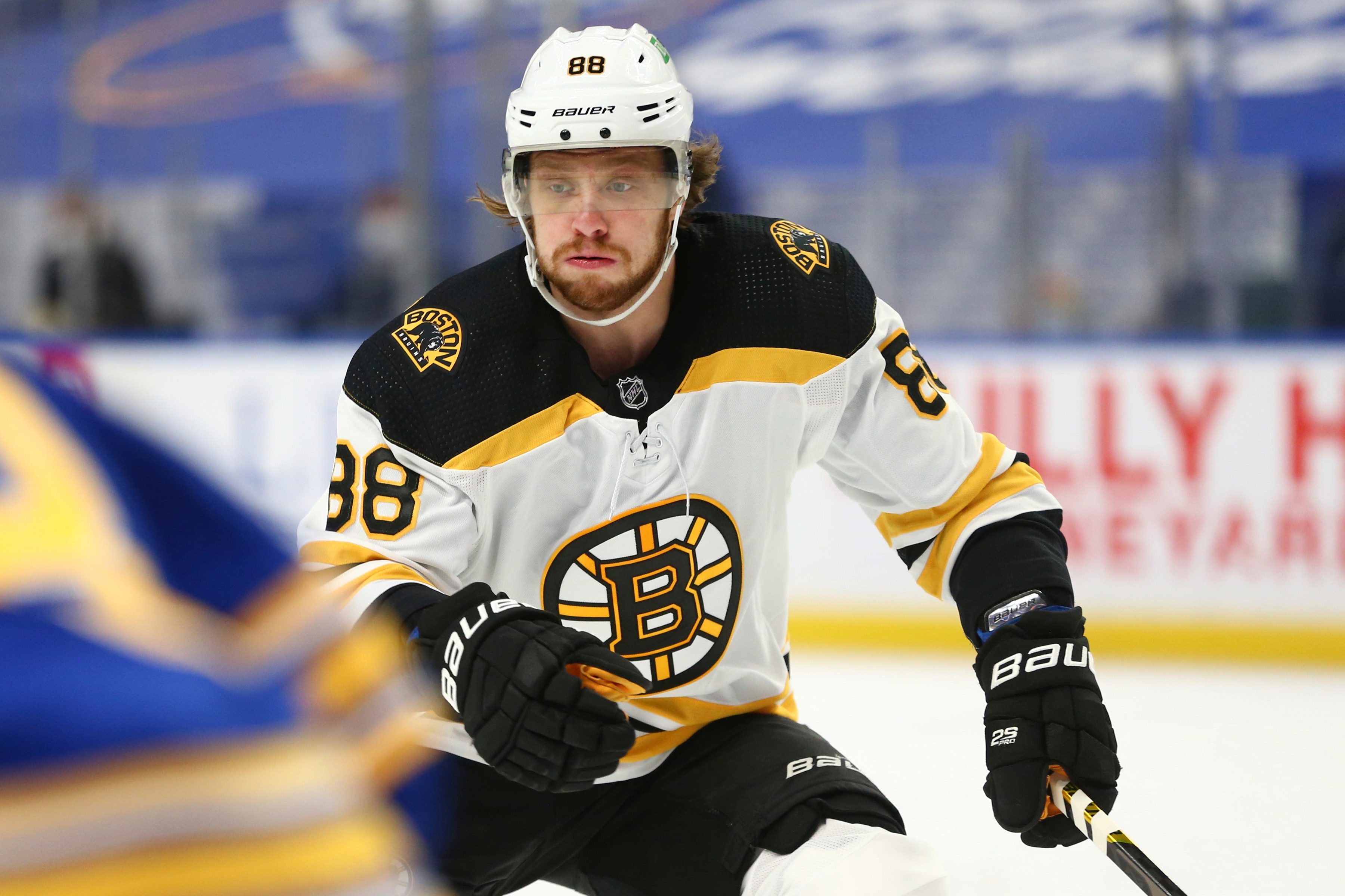 Boston Bruins forward David Pastrnak (88) skates during the first period of an NHL hockey game against the Buffalo Sabres, Thursday, April 22, 2021, in Buffalo, N.Y. (AP Photo/Jeffrey T. Barnes)