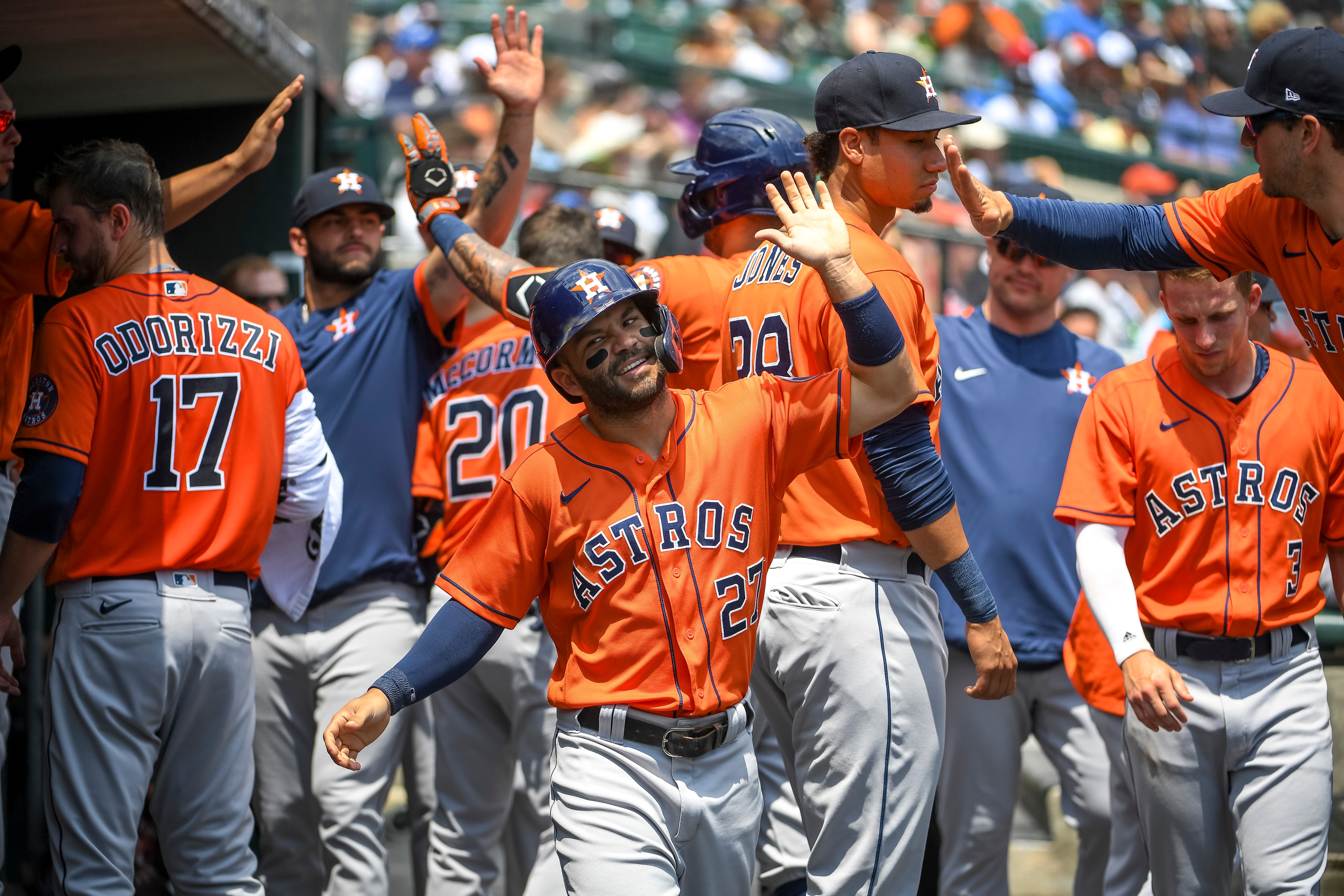 DETROIT, MICHIGAN - JUNE 27: Jose Altuve #27 of the Houston Astros celebrates scoring a run against the Detroit Tigers during the top of the fourth inning at Comerica Park on June 27, 2021 in Detroit, Michigan. (Photo by Nic Antaya/Getty Images)