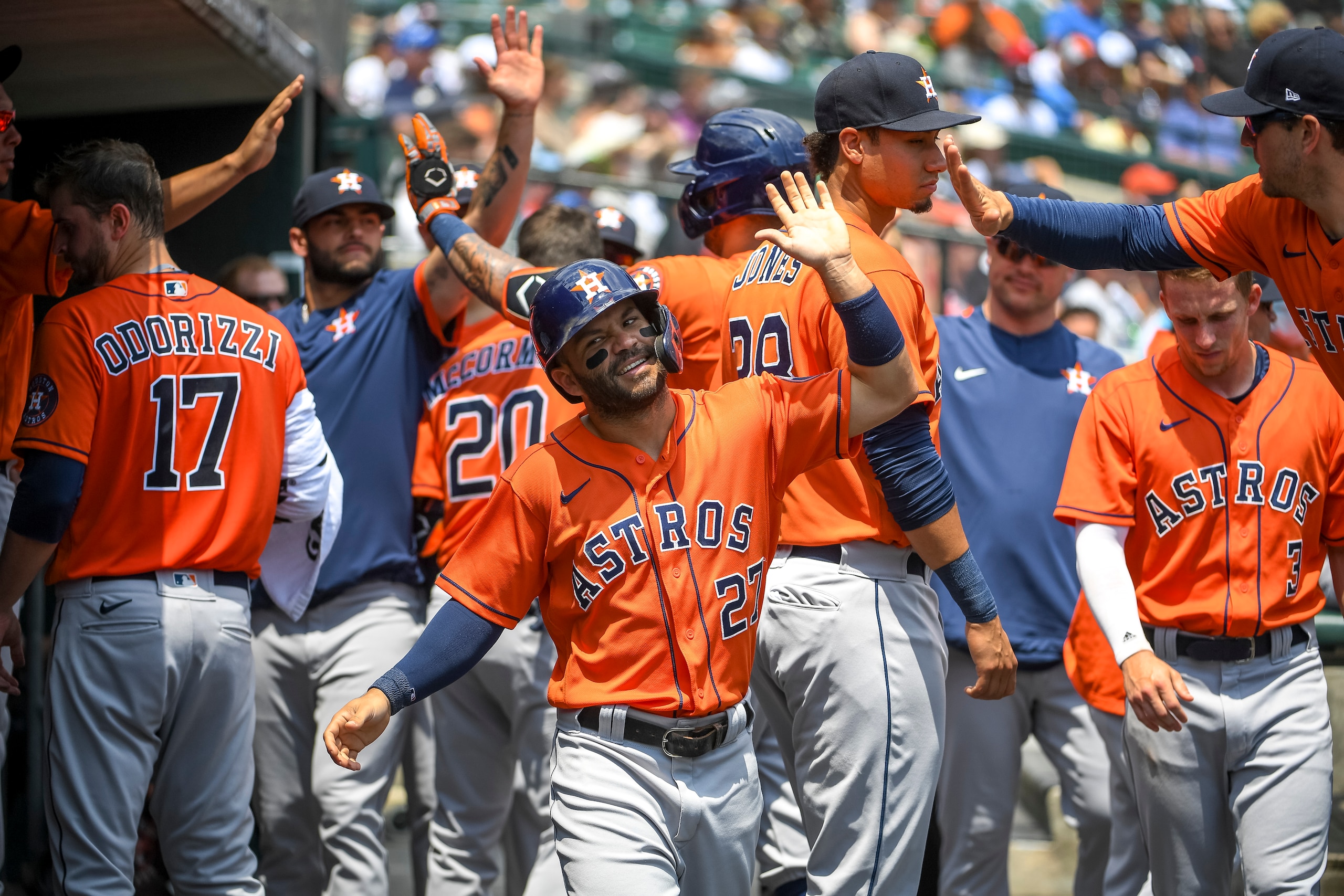 DETROIT, MICHIGAN - JUNE 27: Jose Altuve #27 of the Houston Astros celebrates scoring a run against the Detroit Tigers during the top of the fourth inning at Comerica Park on June 27, 2021 in Detroit, Michigan. (Photo by Nic Antaya/Getty Images)