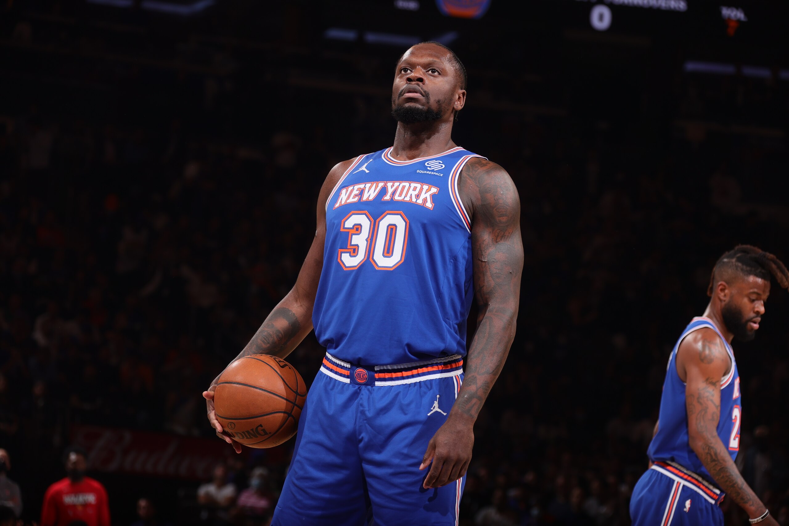 NEW YORK, NY - JUNE 2: Julius Randle #30 of the New York Knicks shoots a free throw against the Atlanta Hawks during Round 1, Game 5 of the 2021 NBA Playoffs on June 2, 2021 at Madison Square Garden in New York City, New York. NOTE TO USER: User expressly acknowledges and agrees that, by downloading and or using this photograph, User is consenting to the terms and conditions of the Getty Images License Agreement. Mandatory Copyright Notice: Copyright 2021 NBAE (Photo by Nathaniel S. Butler/NBAE via Getty Images) NEW YORK, NY - JUNE 2: Julius Randle #30 of the New York Knicks shoots a free throw against the Atlanta Hawks during Round 1, Game 5 of the 2021 NBA Playoffs on June 2, 2021 at Madison Square Garden in New York City, New York. NOTE TO USER: User expressly acknowledges and agrees that, by downloading and or using this photograph, User is consenting to the terms and conditions of the Getty Images License Agreement. Mandatory Copyright Notice: Copyright 2021 NBAE (Photo by Nathaniel S. Butler/NBAE via Getty Images)