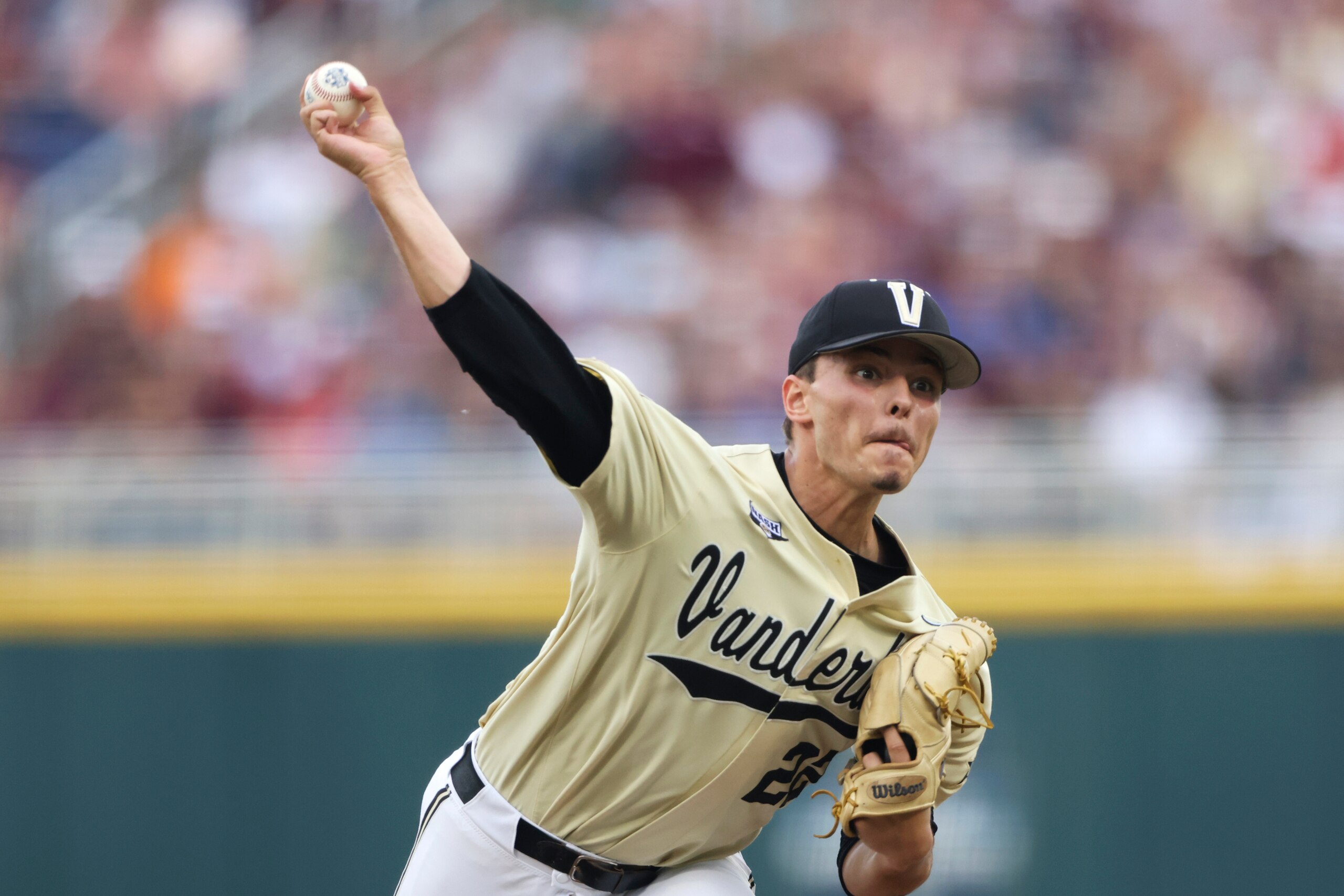 Vanderbilt pitcher Jack Leiter throws during the first inning against Mississippi State in Game 1 of the NCAA College World Series baseball finals, Monday, June 28, 2021, in Omaha, Neb. (AP Photo/Rebecca S. Gratz)