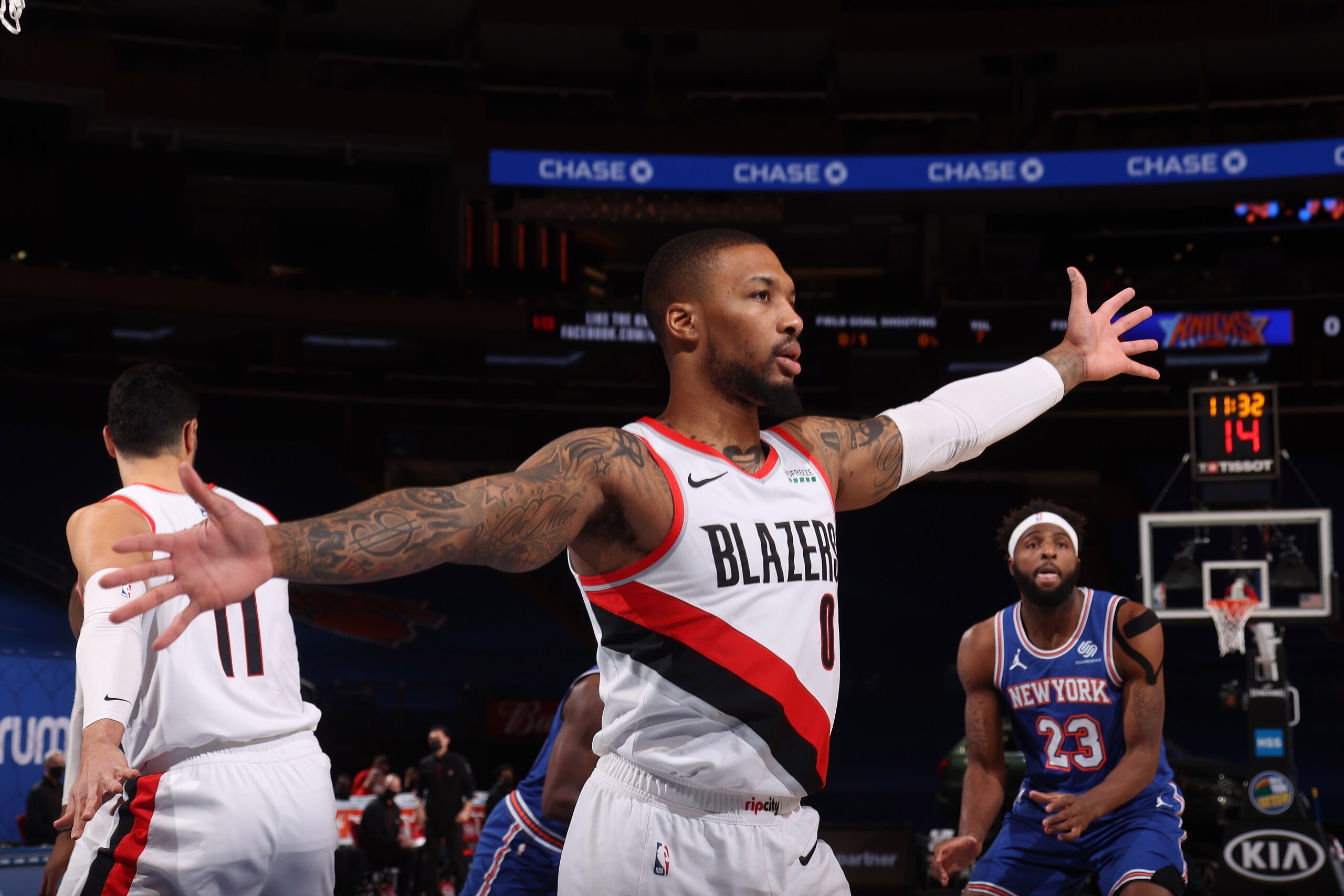 NEW YORK, NY - FEBRUARY 6: Damian Lillard #0 of the Portland Trail Blazers plays defense during the game against the New York Knicks on February 6, 2021 at Madison Square Garden in New York City, New York.  NOTE TO USER: User expressly acknowledges and agrees that, by downloading and or using this photograph, User is consenting to the terms and conditions of the Getty Images License Agreement. Mandatory Copyright Notice: Copyright 2021 NBAE  (Photo by Nathaniel S. Butler/NBAE via Getty Images)