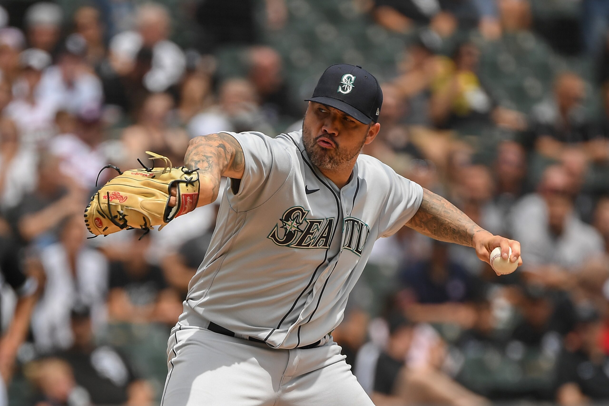 CHICAGO, ILLINOIS - JUNE 27: Hector Santiago #57 of the Seattle Mariners pitches in the third inning against the Chicago White Sox at Guaranteed Rate Field on June 27, 2021 in Chicago, Illinois. Today's game is a continuation from yesterday, which was suspended due to inclement weather. (Photo by Quinn Harris/Getty Images)