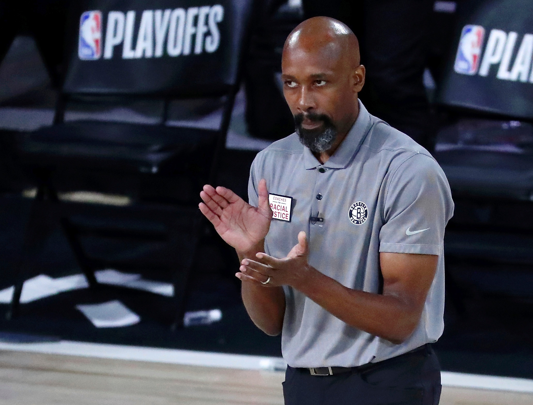 Brooklyn Nets head coach Jacque Vaughn reacts to a play during the second half in Game 3 of an NBA basketball first-round playoff series against the Toronto Raptors, Friday, Aug. 21, 2020, in Lake Buena Vista, Fla. (Kim Klement/Pool Photo via AP)