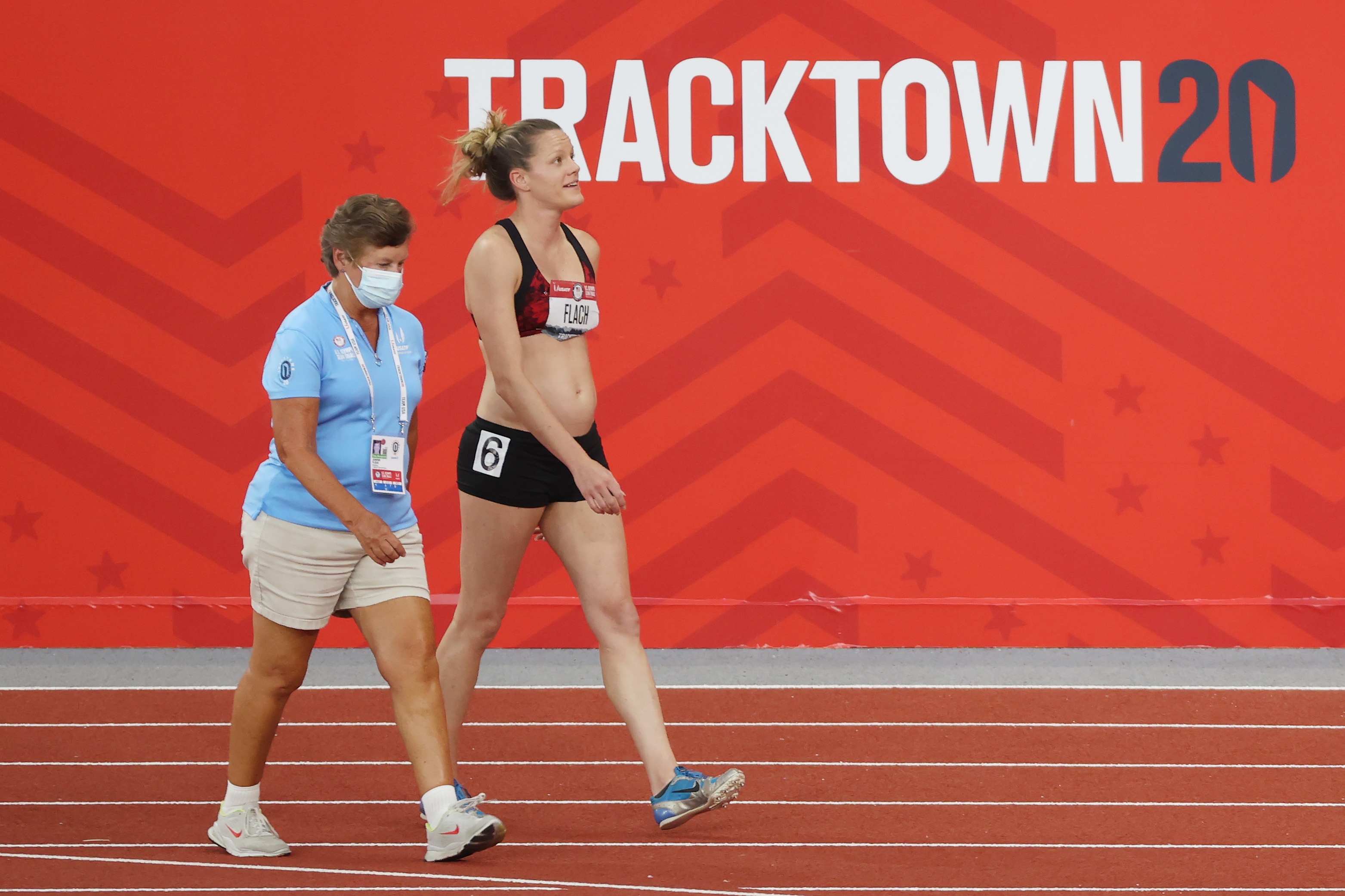 EUGENE, OREGON - JUNE 27: Lindsay Flach walks from the track after dropping out of the Women's Heptathlon 800 Meters during day ten of the 2020 U.S. Olympic Track & Field Team Trials at Hayward Field on June 27, 2021 in Eugene, Oregon. (Photo by Cliff Hawkins/Getty Images)