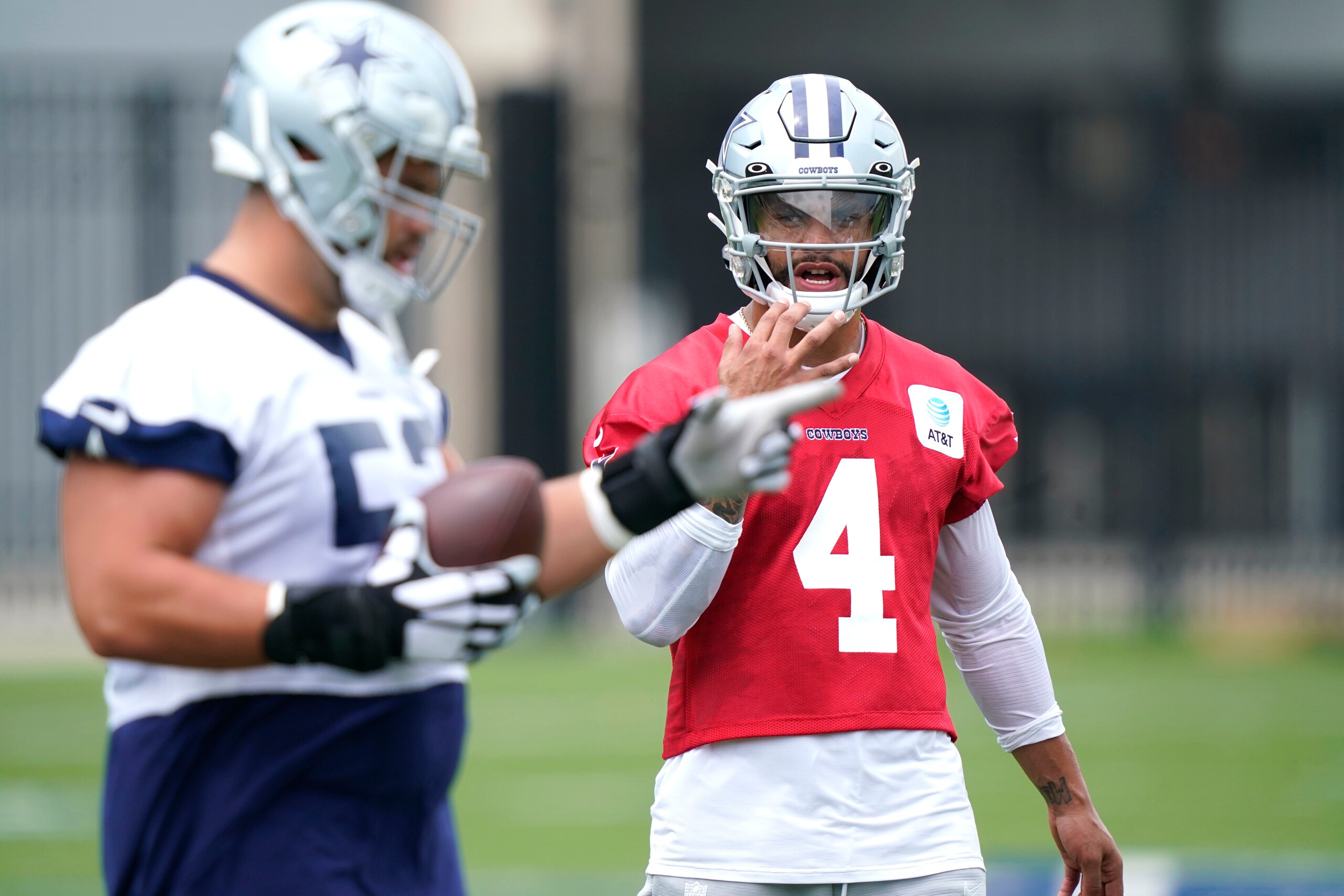 Dallas Cowboys quarterback Dak Prescott (4) during an NFL football team practice Wednesday, June 9, 2021, in Frisco, Texas. (AP Photo/LM Otero)