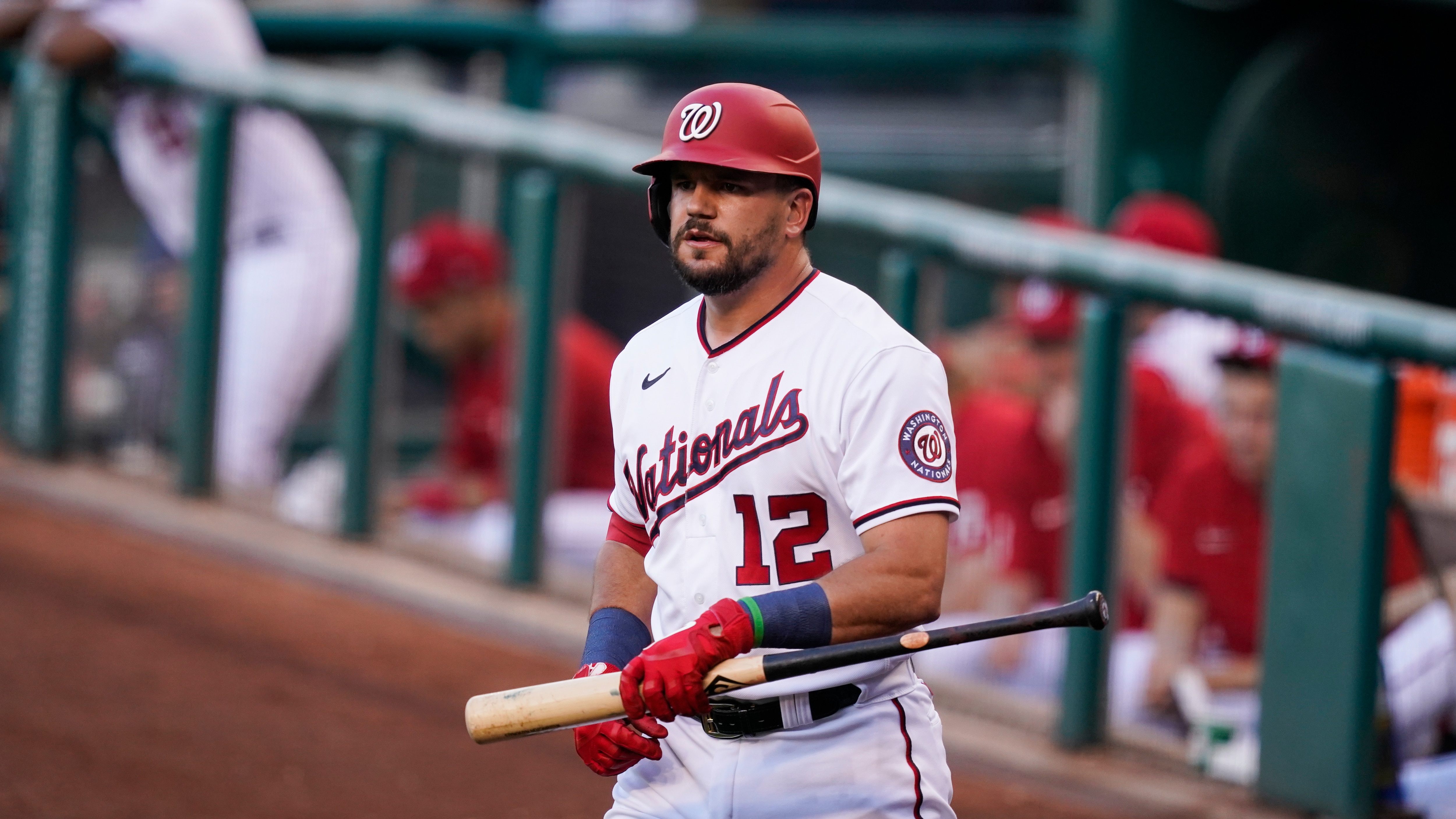 Washington Nationals' Kyle Schwarber prepares to bat during the first inning of a baseball game against the Tampa Bay Rays at Nationals Park, Tuesday, June 29, 2021, in Washington. (AP Photo/Alex Brandon)