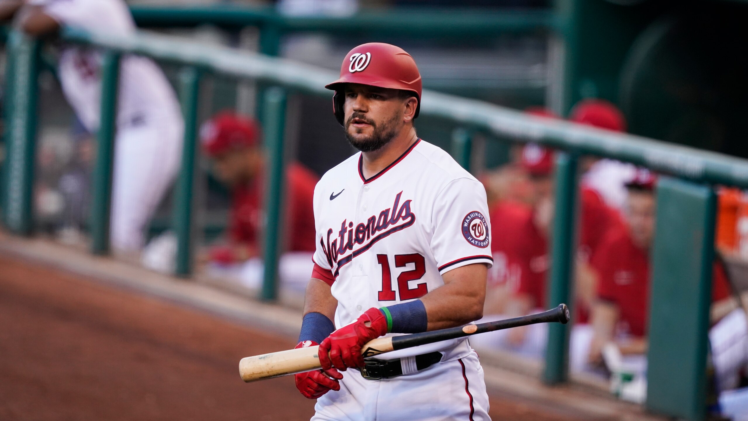 Washington Nationals' Kyle Schwarber prepares to bat during the first inning of a baseball game against the Tampa Bay Rays at Nationals Park, Tuesday, June 29, 2021, in Washington. (AP Photo/Alex Brandon)