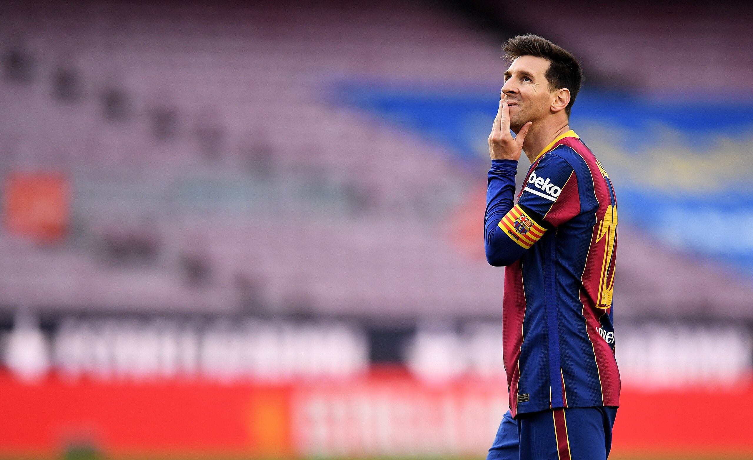 BARCELONA, SPAIN - MAY 16: Lionel Messi of FC Barcelona looks on during the La Liga Santander match between FC Barcelona and RC Celta at Camp Nou on May 16, 2021 in Barcelona, Spain. Sporting stadiums around Spain remain under strict restrictions due to the Coronavirus Pandemic as Government social distancing laws prohibit fans inside venues resulting in games being played behind closed doors. (Photo by David Ramos/Getty Images) BARCELONA, SPAIN - MAY 16: Lionel Messi of FC Barcelona looks on during the La Liga Santander match between FC Barcelona and RC Celta at Camp Nou on May 16, 2021 in Barcelona, Spain. Sporting stadiums around Spain remain under strict restrictions due to the Coronavirus Pandemic as Government social distancing laws prohibit fans inside venues resulting in games being played behind closed doors. (Photo by David Ramos/Getty Images)