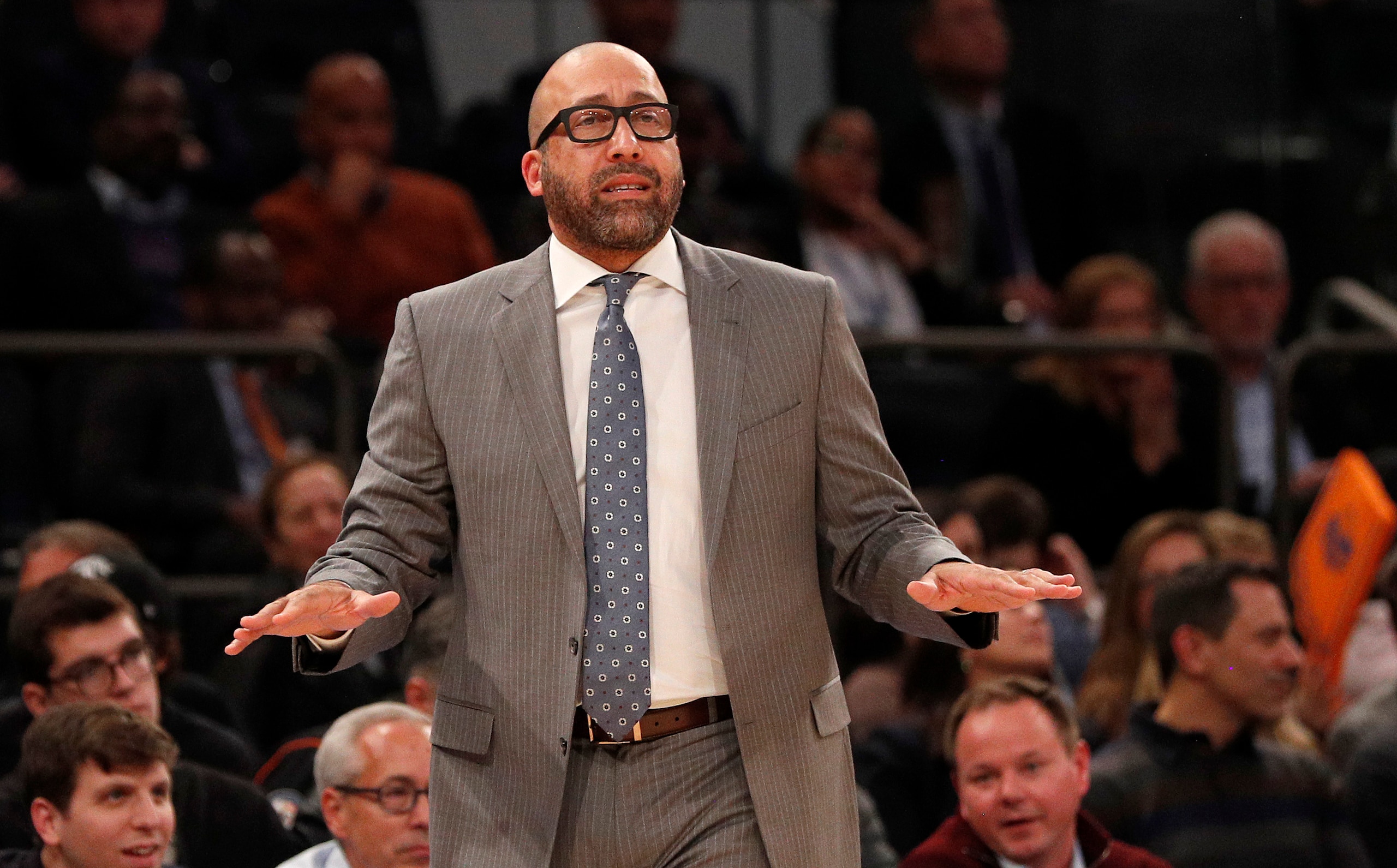 NEW YORK, NEW YORK - NOVEMBER 18: (NEW YORK DAILIES OUT)   Head coach David Fizdale of the New York Knicks in action against the Cleveland Cavaliers at Madison Square Garden on November 18, 2019 in New York City. The Knicks defeated the Cavaliers 123-105. NOTE TO USER: User expressly acknowledges and agrees that, by downloading and or using this photograph, user is consenting to the terms and conditions of the Getty Images License Agreement. (Photo by Jim McIsaac/Getty Images)