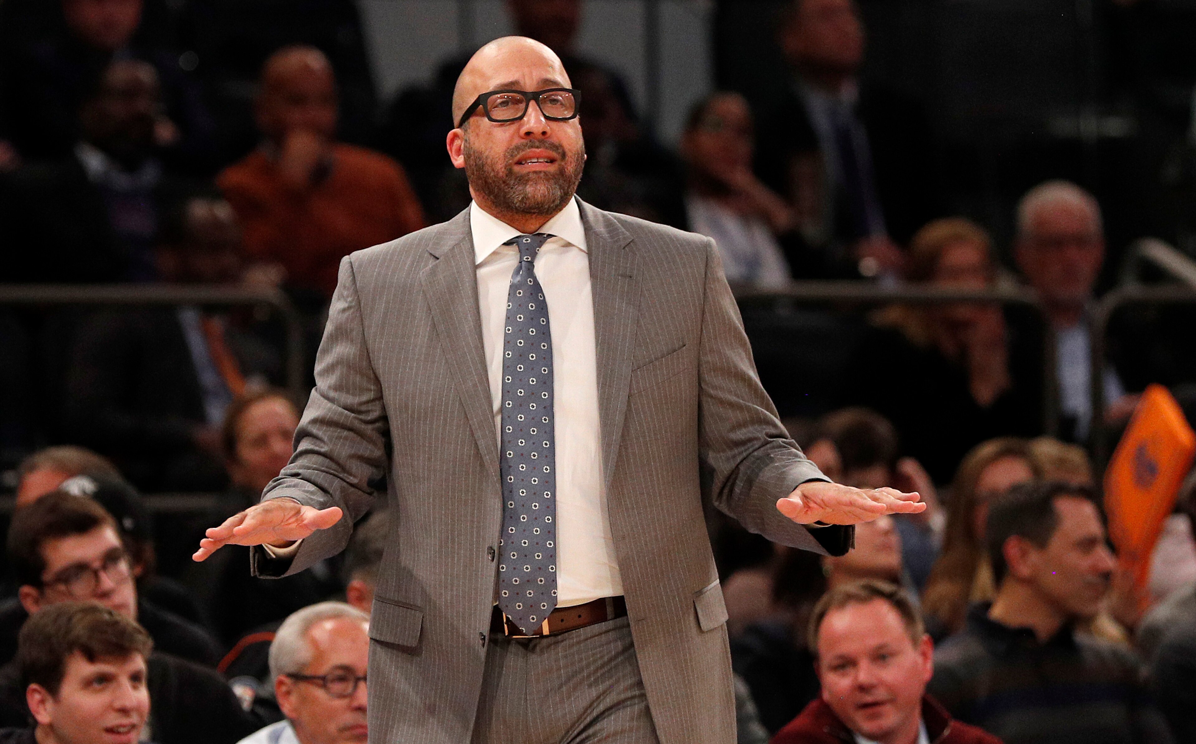 NEW YORK, NEW YORK - NOVEMBER 18: (NEW YORK DAILIES OUT)   Head coach David Fizdale of the New York Knicks in action against the Cleveland Cavaliers at Madison Square Garden on November 18, 2019 in New York City. The Knicks defeated the Cavaliers 123-105. NOTE TO USER: User expressly acknowledges and agrees that, by downloading and or using this photograph, user is consenting to the terms and conditions of the Getty Images License Agreement. (Photo by Jim McIsaac/Getty Images)